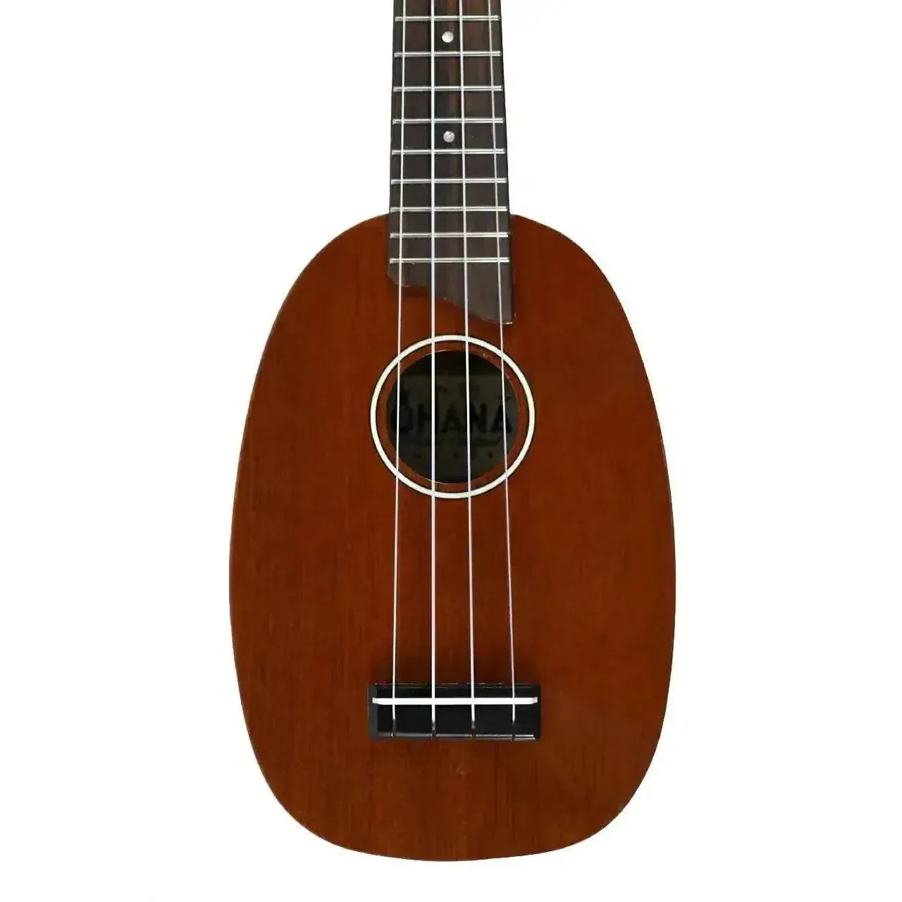 Ohana PK-25G solid mahogany pineapple soprano ukulele with glossy finish and white binding.