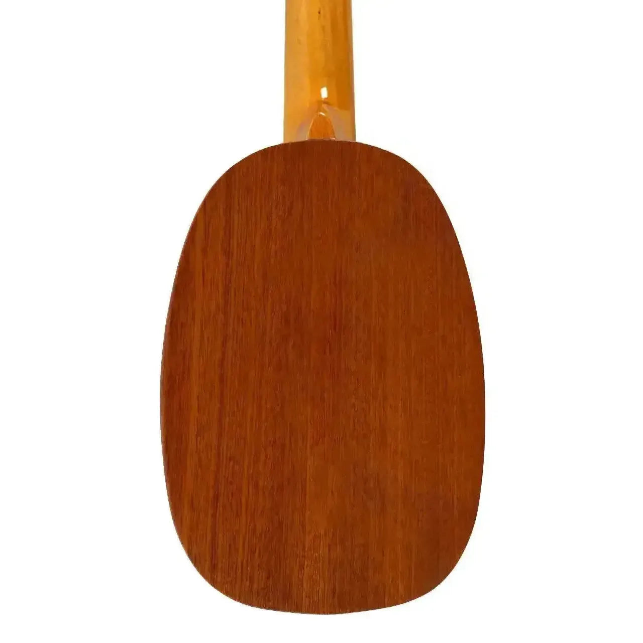 Ohana PK-25G solid mahogany pineapple soprano ukulele, back view, with glossy finish.