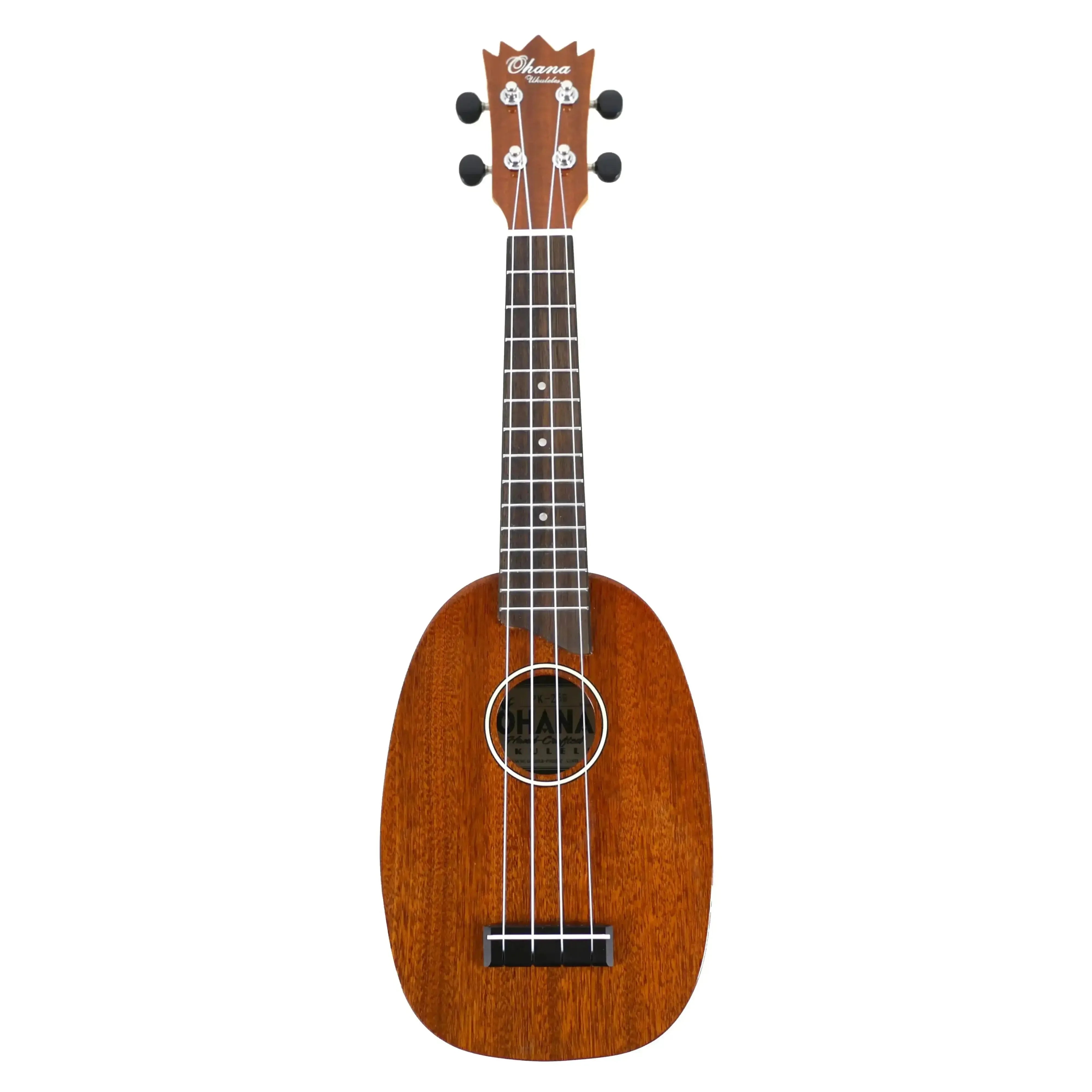 Ohana PK-25G solid mahogany pineapple soprano ukulele with glossy finish and crown headstock.