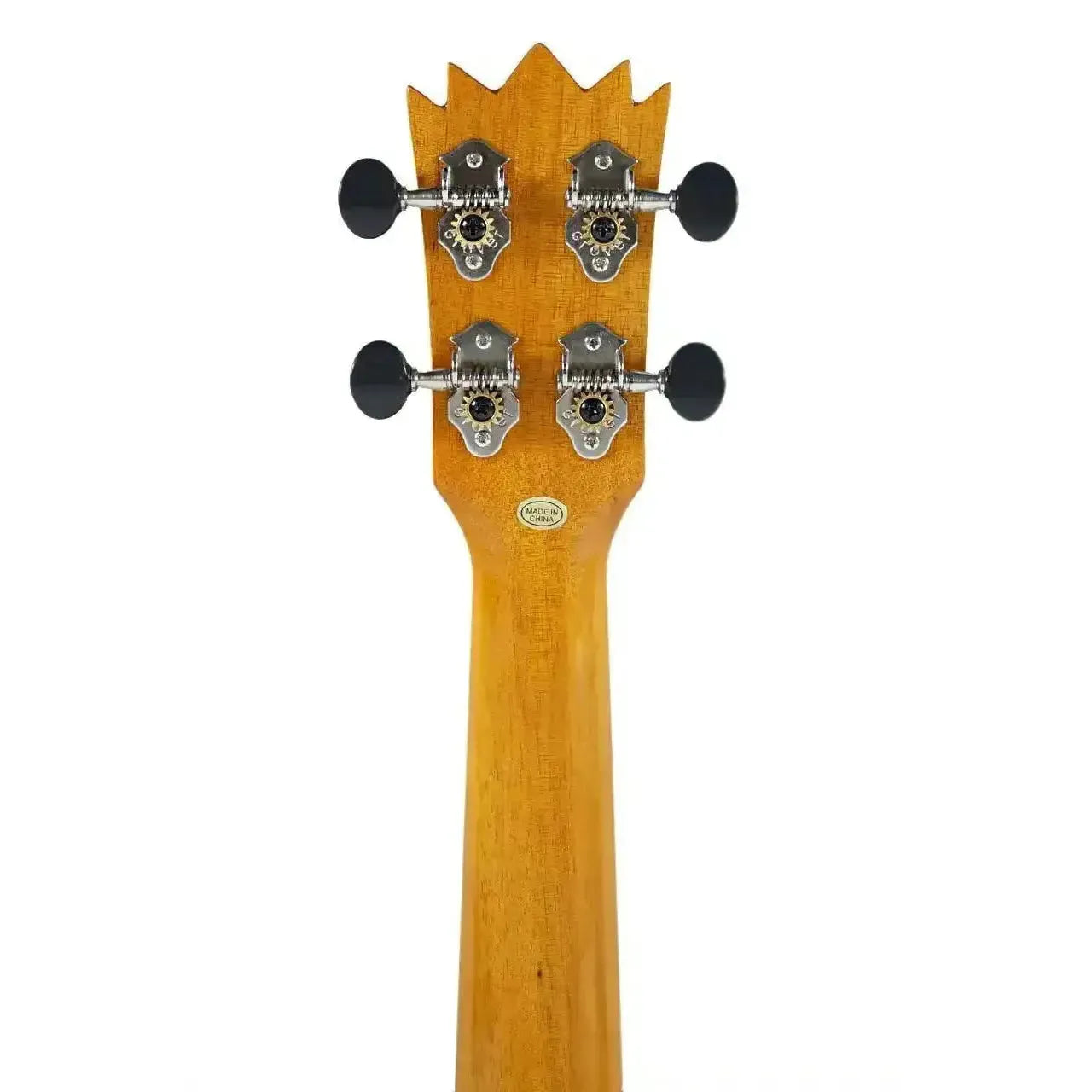 Back of Ohana PK-25G solid mahogany pineapple soprano ukulele headstock with crown shape and black tuners.