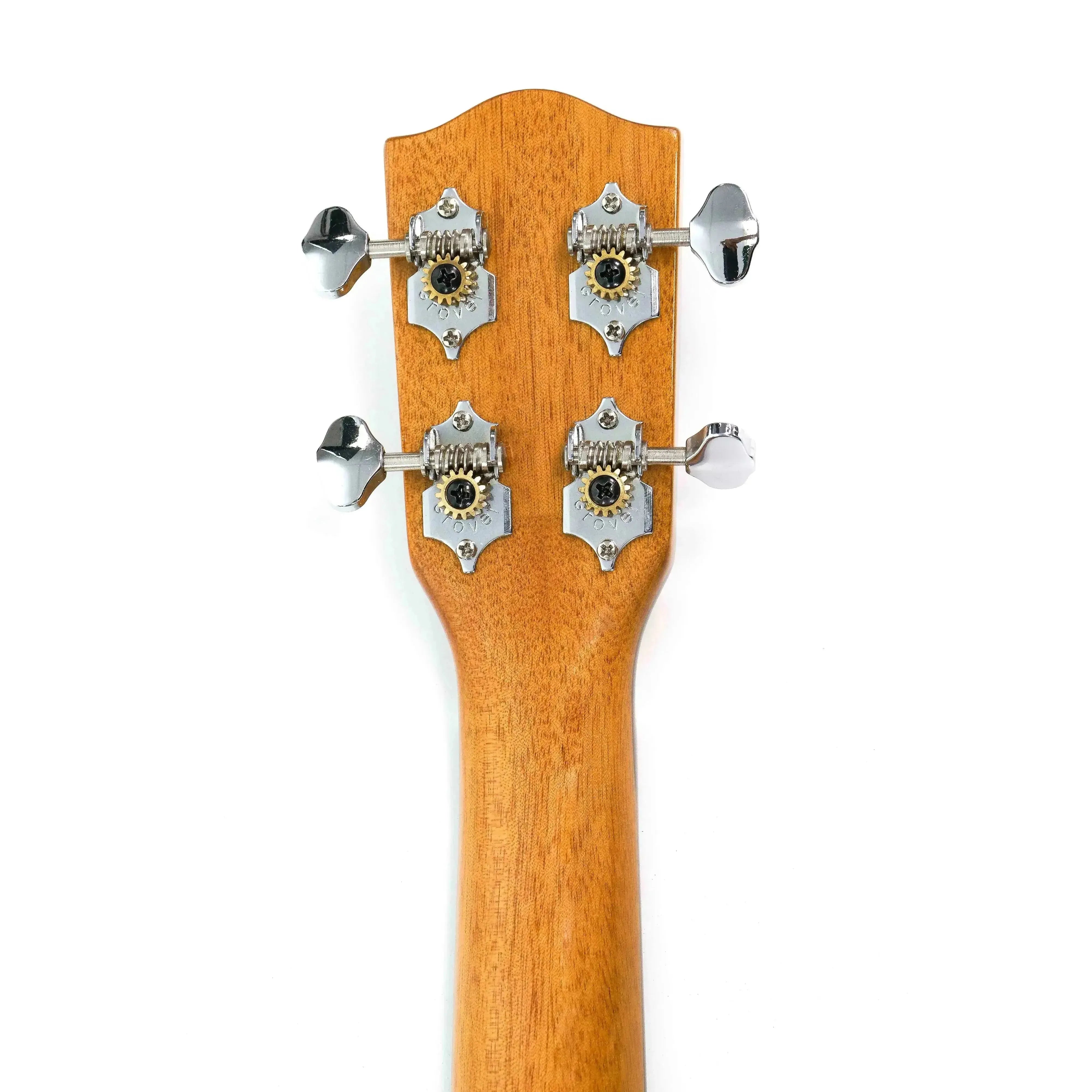 Back of Ohana PK-70G ukulele headstock and neck, showing Grover Nickel Open Geared tuners on mahogany wood.