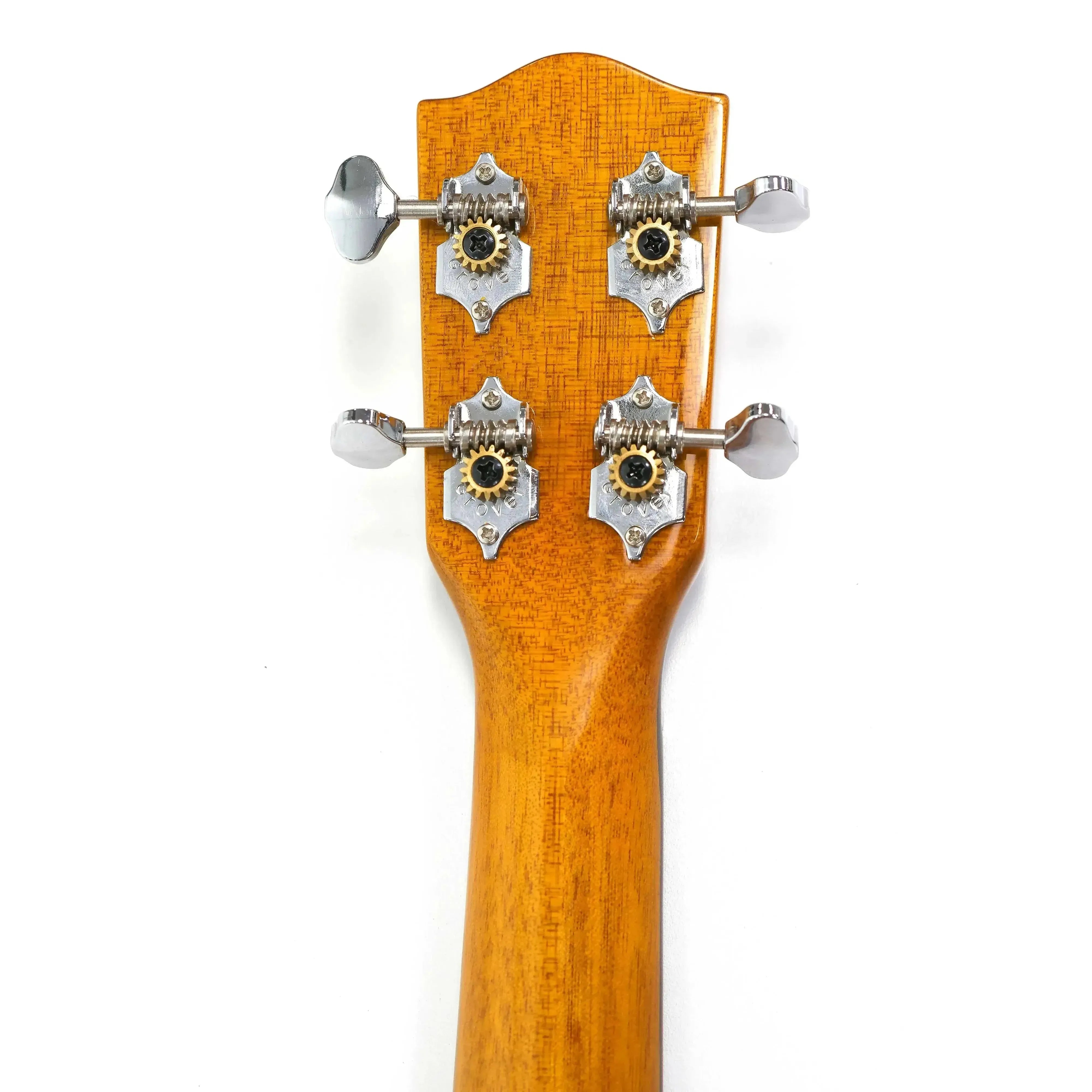 Back of Ohana PKC-220G ukulele headstock and mahogany neck with chrome Grover tuners.