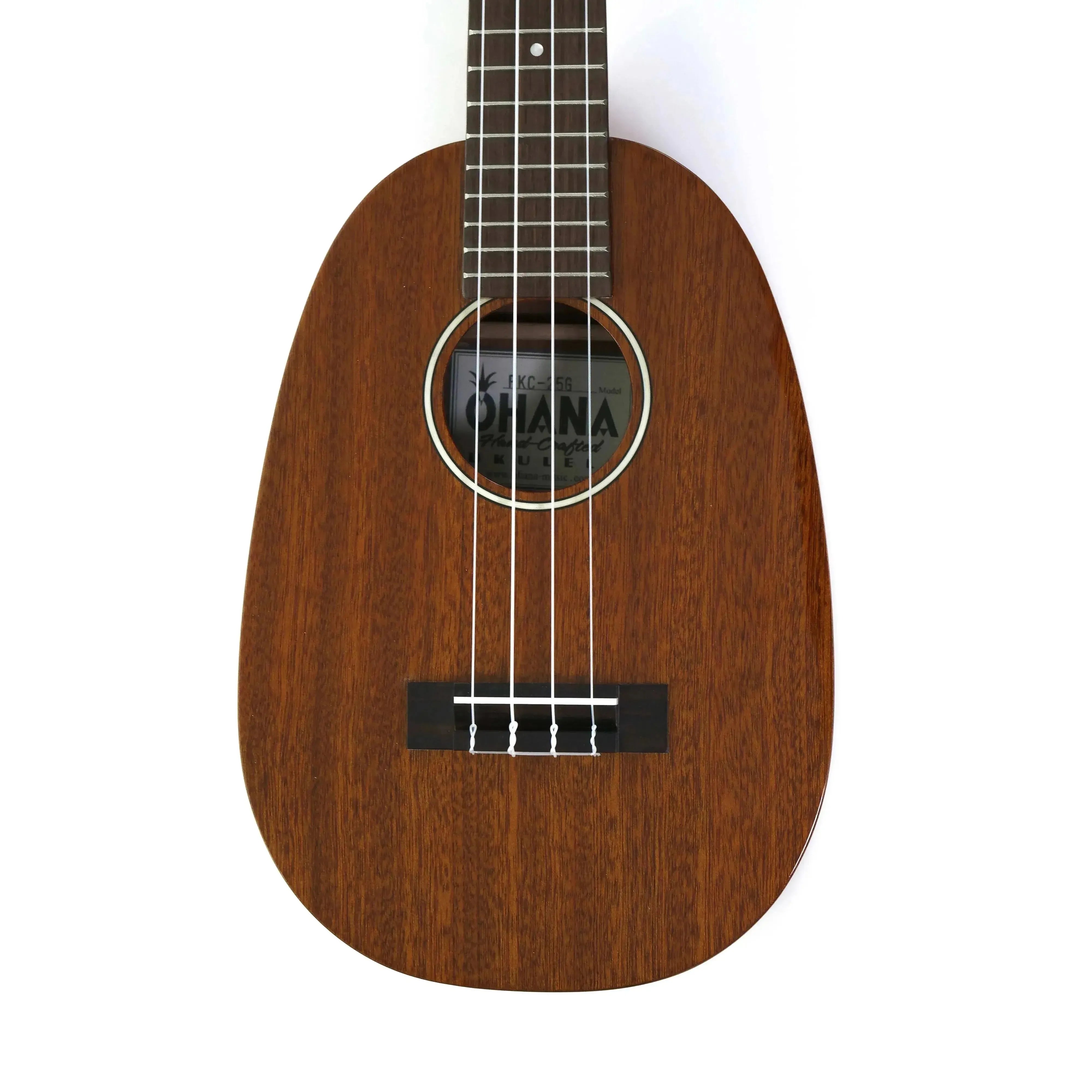 Ohana PKC-25G solid mahogany pineapple concert ukulele with gloss finish and inlay rosette.