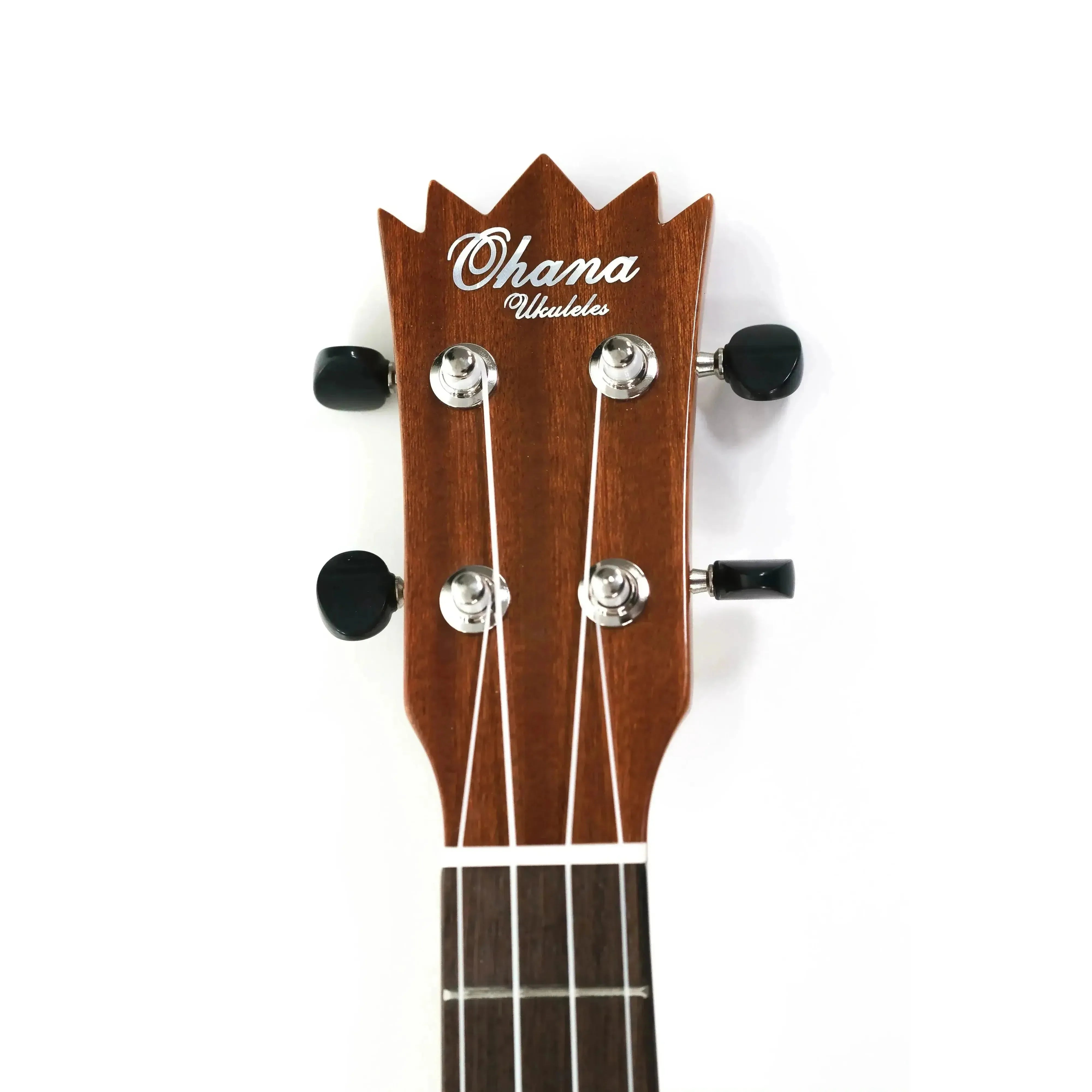 Ohana Ukuleles mahogany crown headstock with black tuning pegs and white logo.