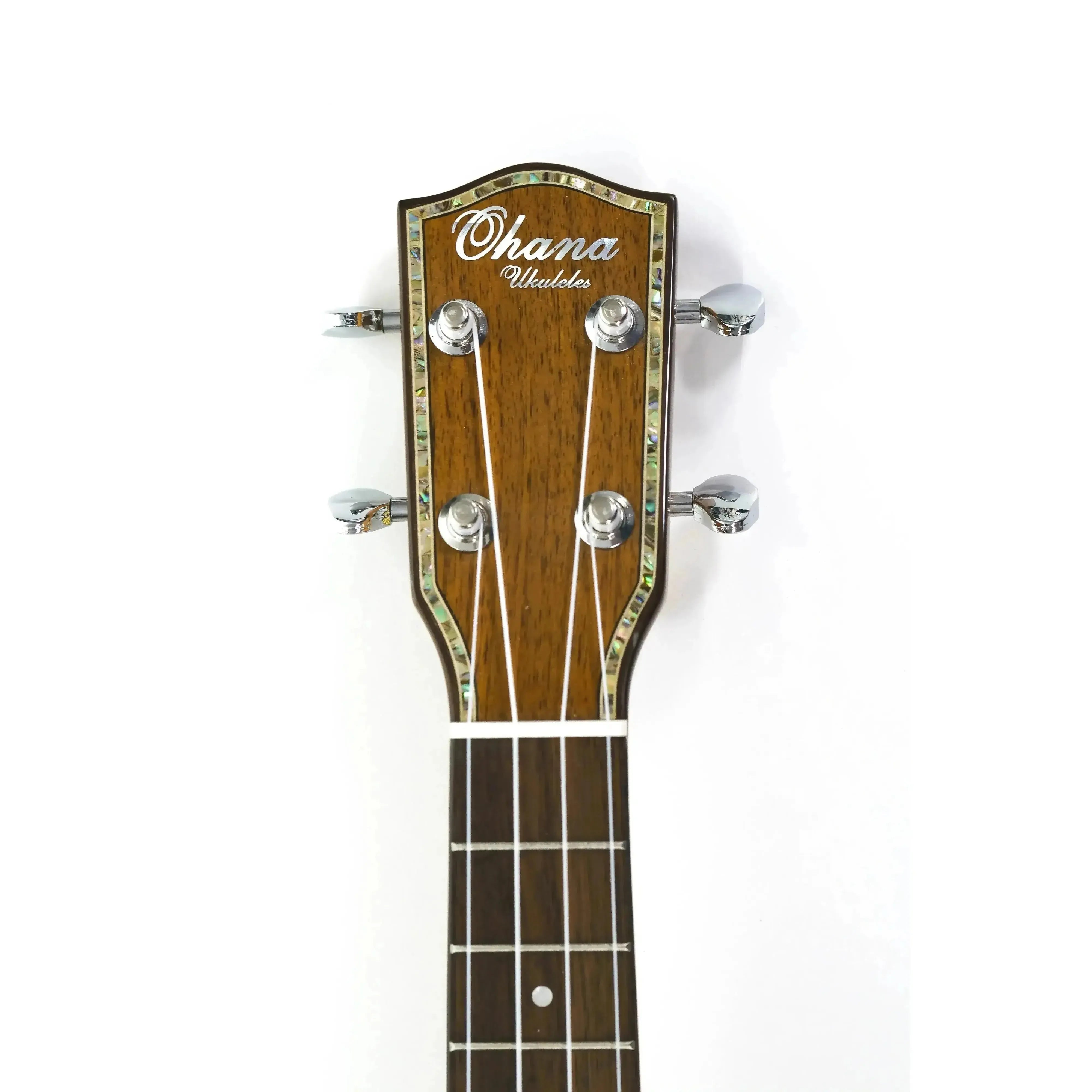 Ohana PKC-50G pineapple concert ukulele headstock with mahogany, abalone inlay, and chrome tuners.
