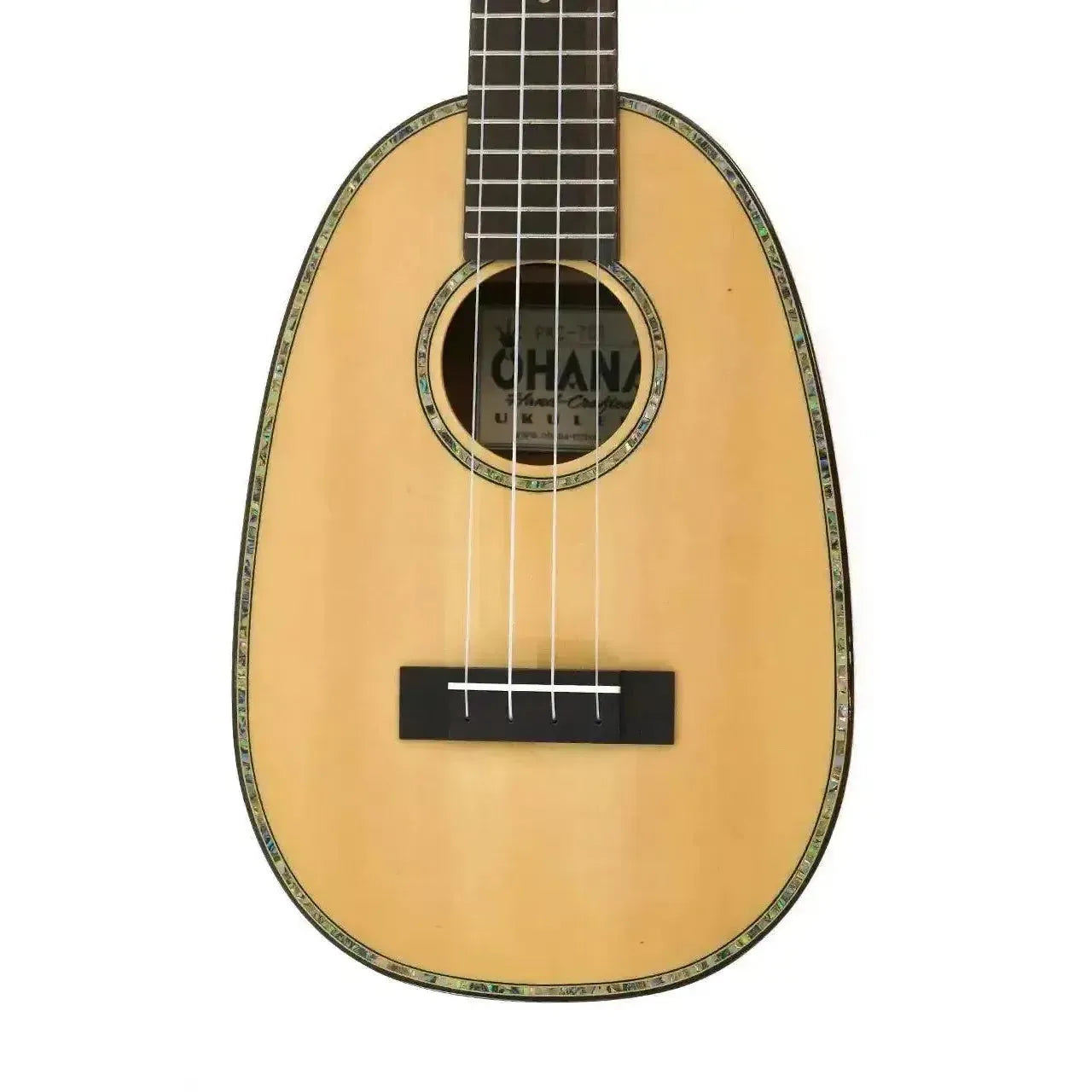 Ohana PKC-70G pineapple concert ukulele with solid spruce top, abalone rosette, and wood binding.