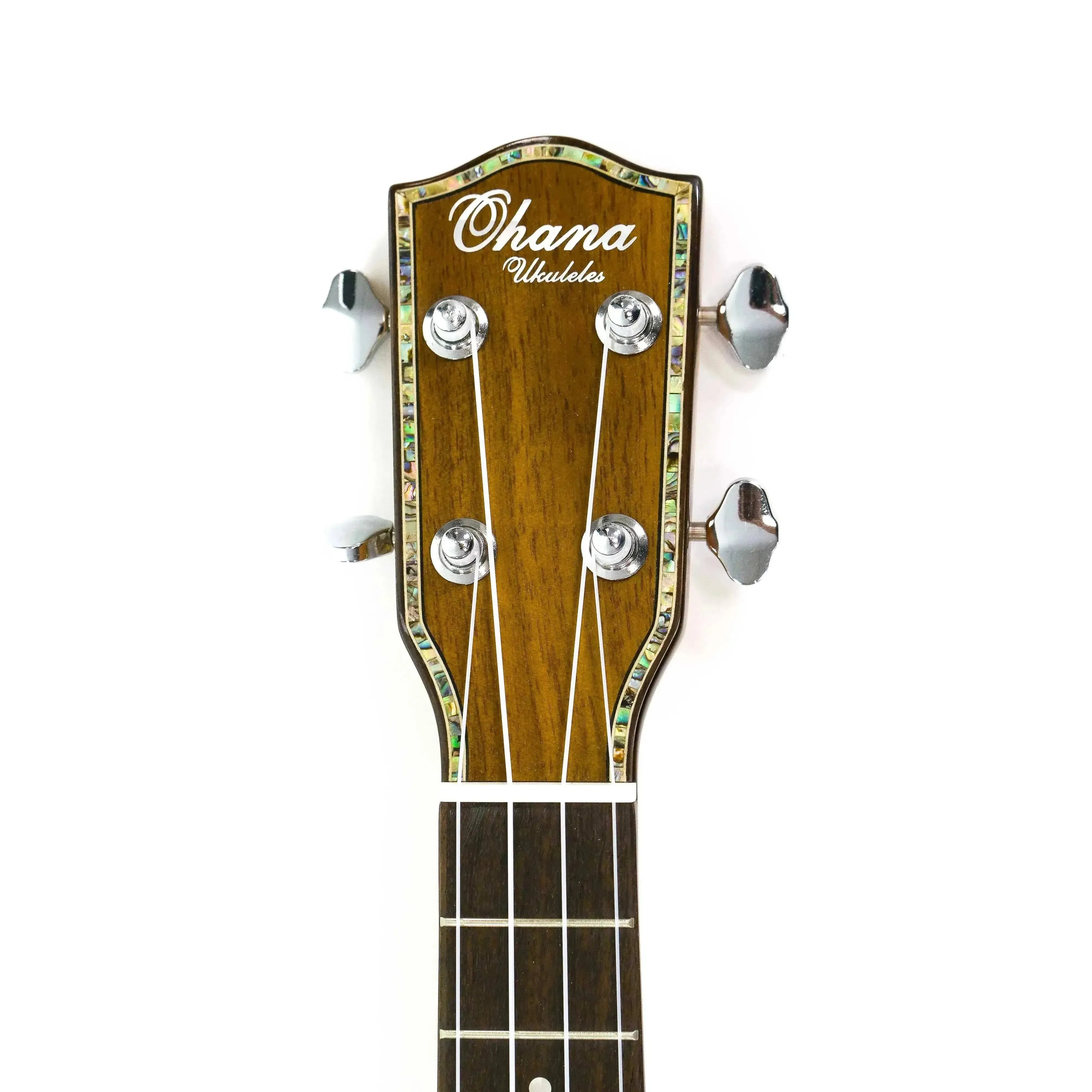 Ohana ukulele headstock with "Ohana Ukuleles" logo, abalone inlay, mahogany wood, and chrome tuners.