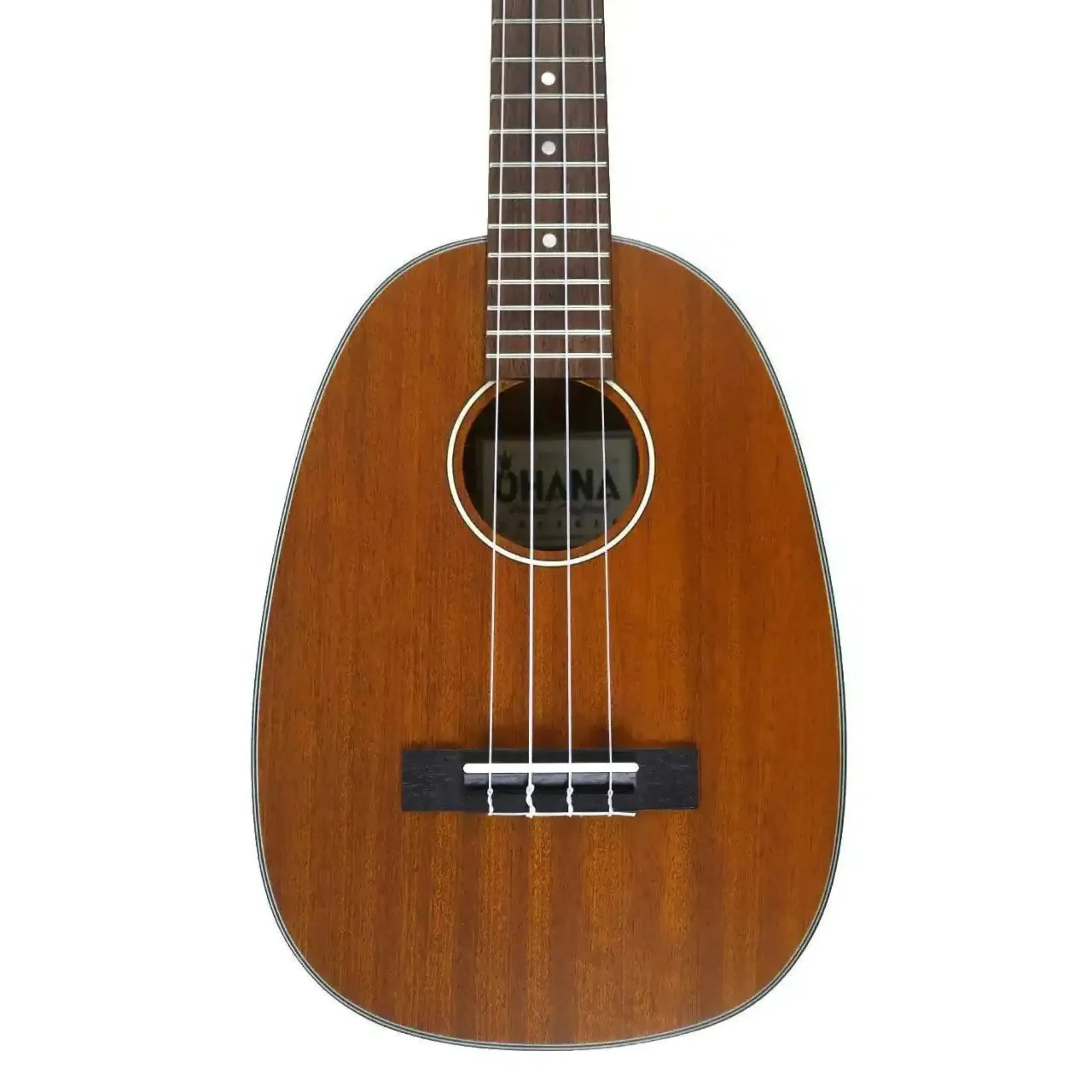 Ohana PKT-14 Mahogany Pineapple Tenor Ukulele with a satin finish and black-and-white rosette.