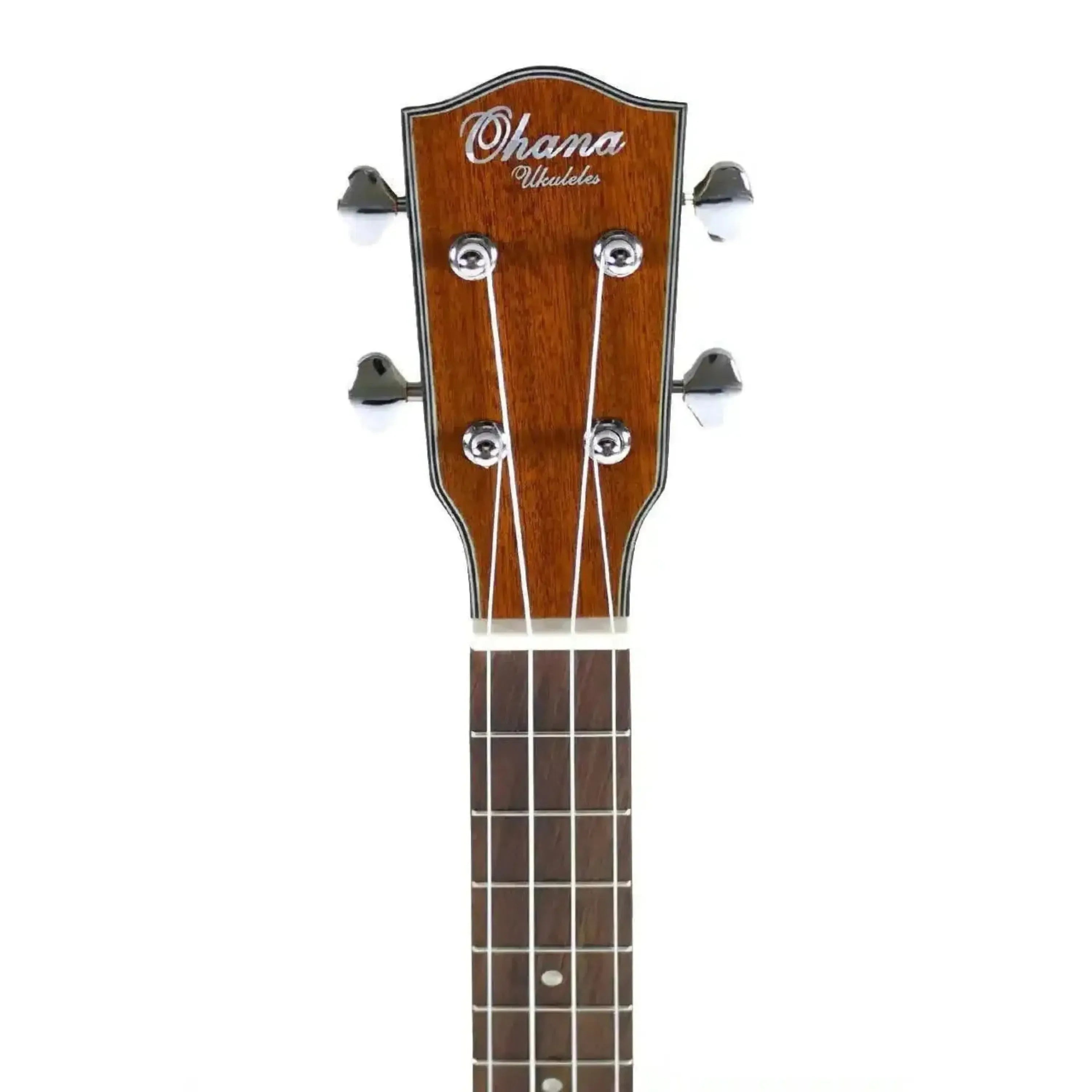 Ohana PKT-14 Mahogany Pineapple Tenor Ukulele headstock with open-slotted design and chrome Grover tuners.