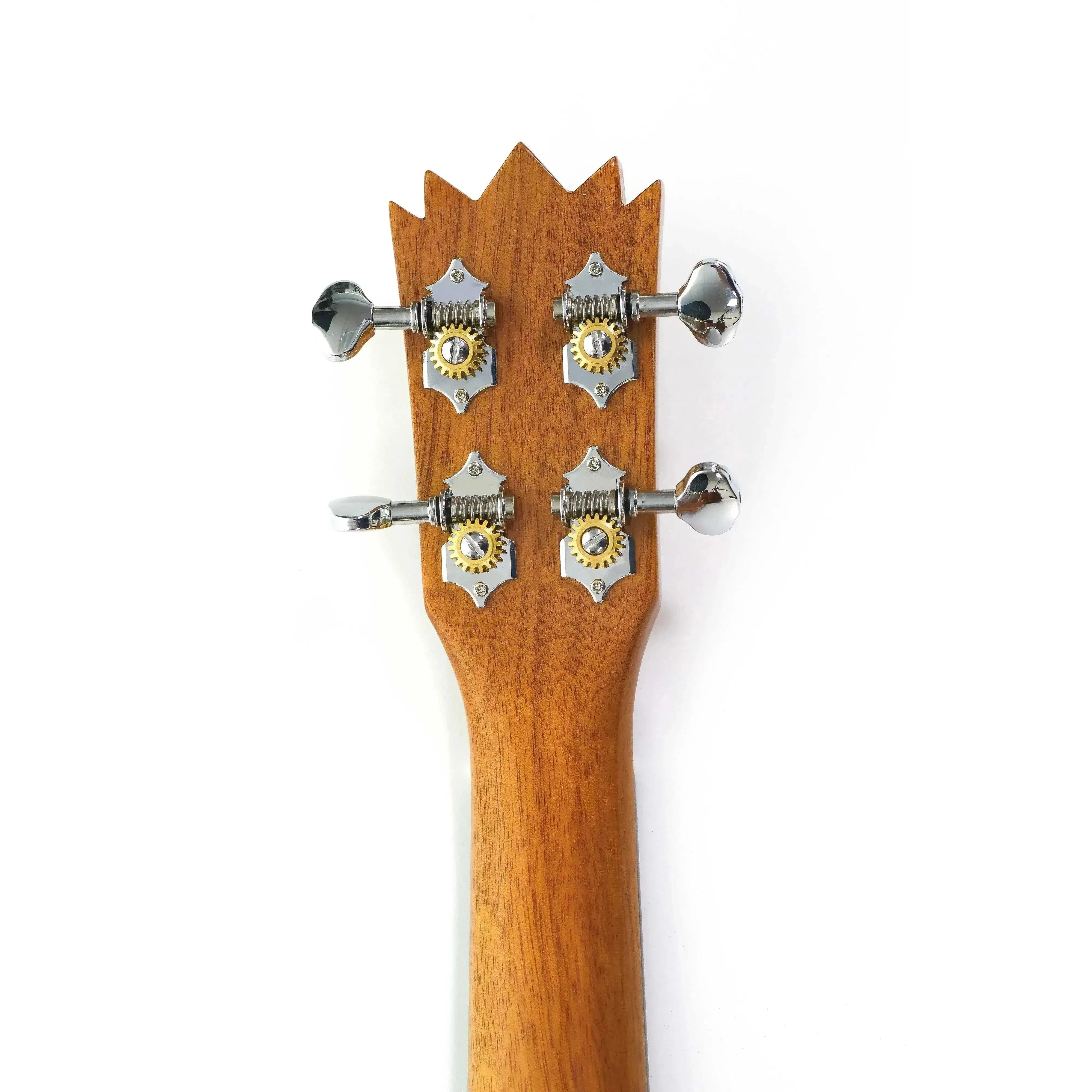 Back of Ohana PKT-25G Pineapple Tenor Ukulele headstock and neck, showing mahogany wood and chrome tuners.