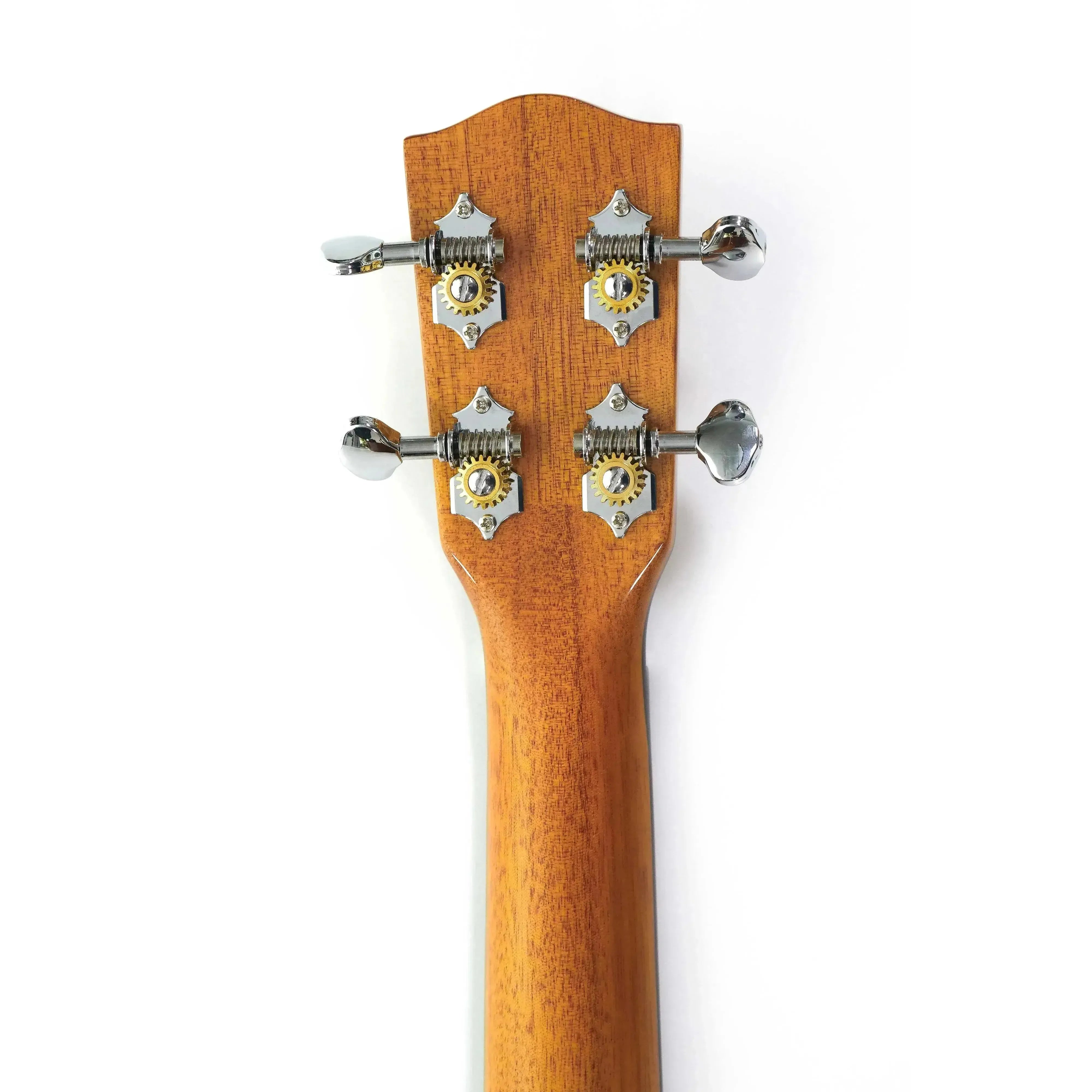 Ohana PKT-70G ukulele headstock with mahogany finish and four chrome open-geared tuners.