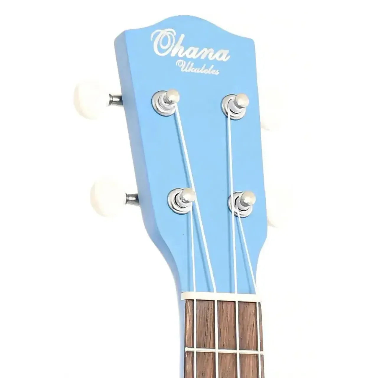 Close-up of Ohana SK-10-BL blue mahogany soprano ukulele headstock with white tuners and logo.