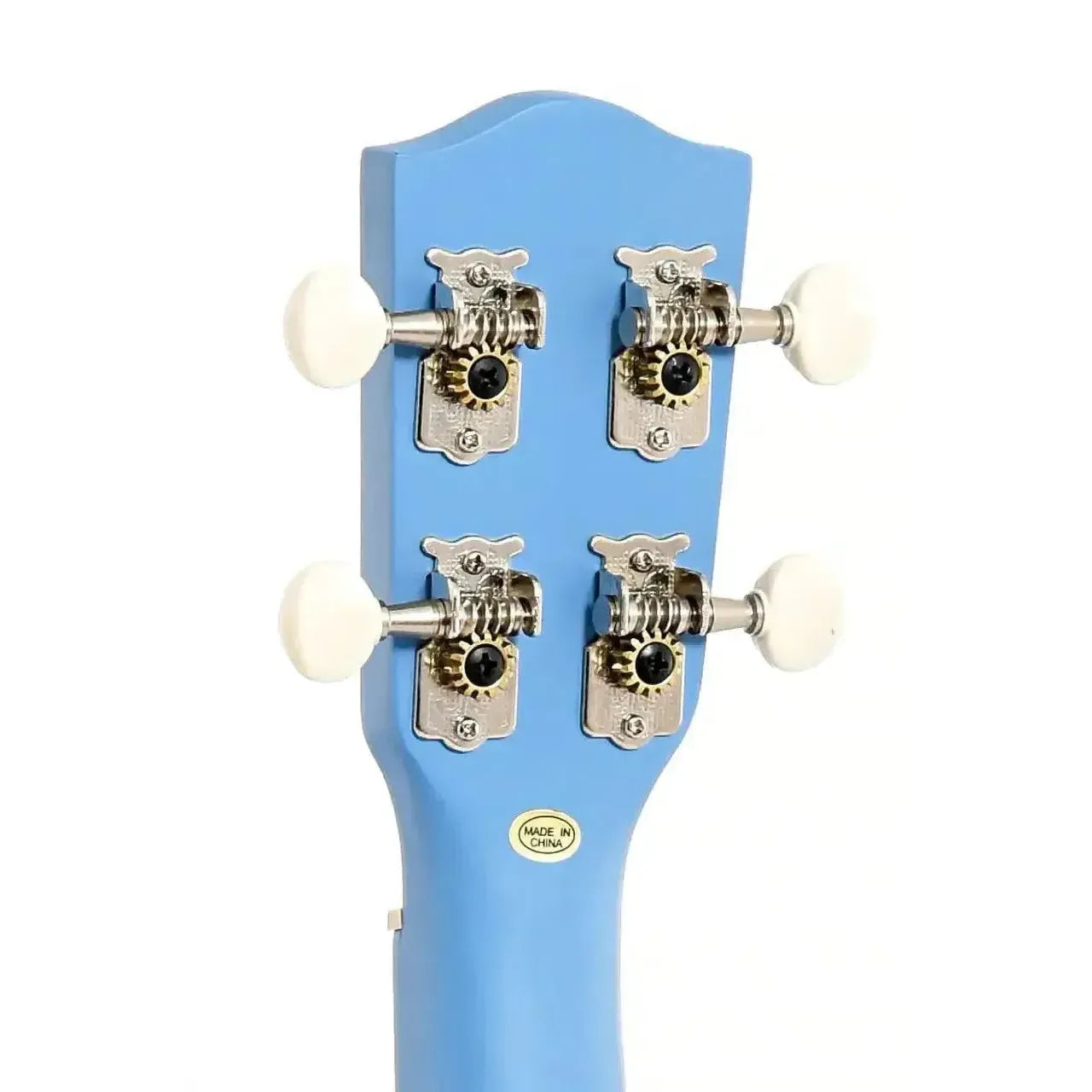 Back of an Ohana SK-10-BL blue mahogany soprano ukulele headstock with four white-knobbed open-geared tuners.