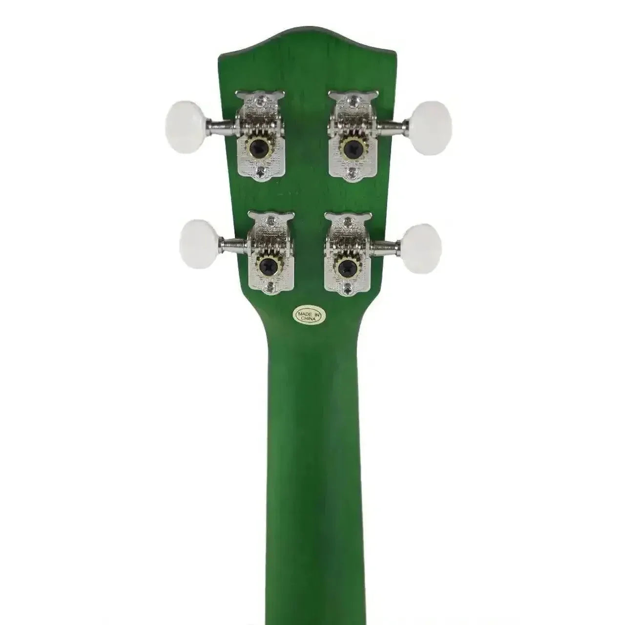 Back of Ohana SK-10-GN green mahogany soprano ukulele headstock with four white tuning pegs.