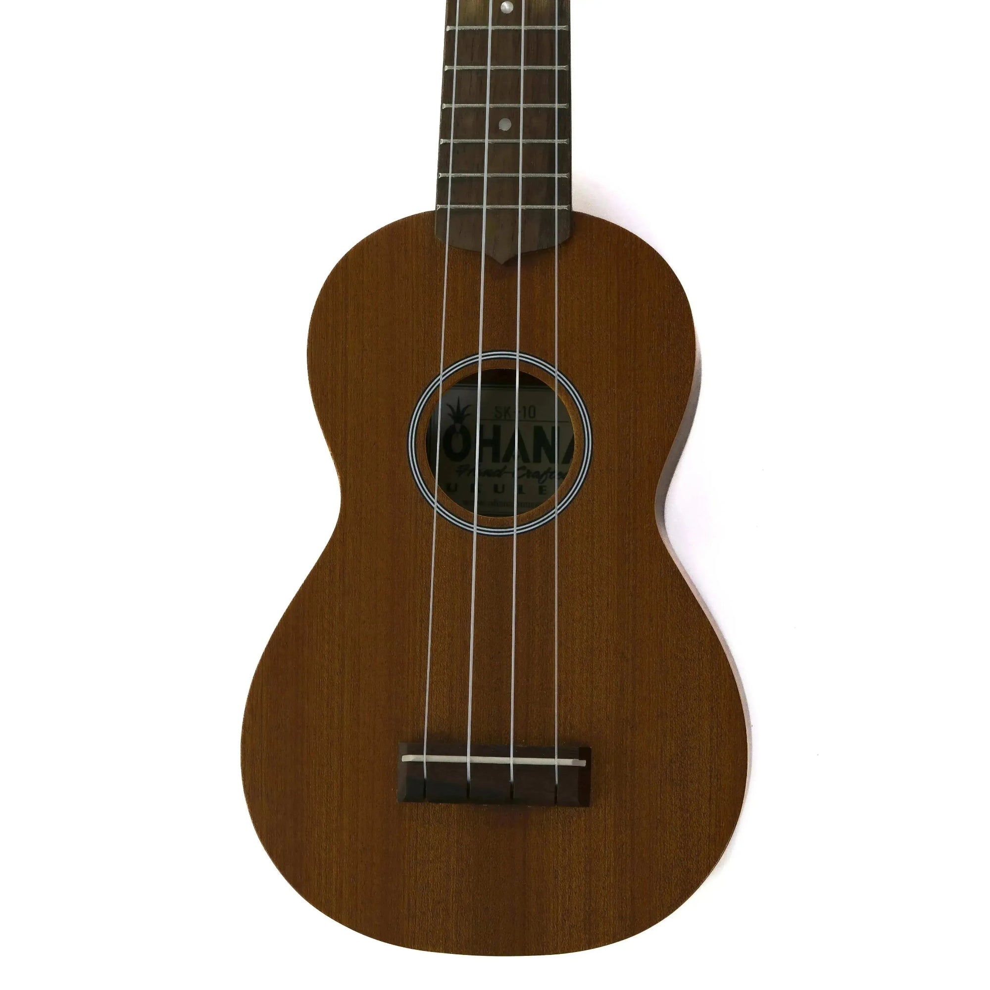Ohana SK-10 mahogany soprano ukulele with a satin finish and black binding, showing the soundhole.