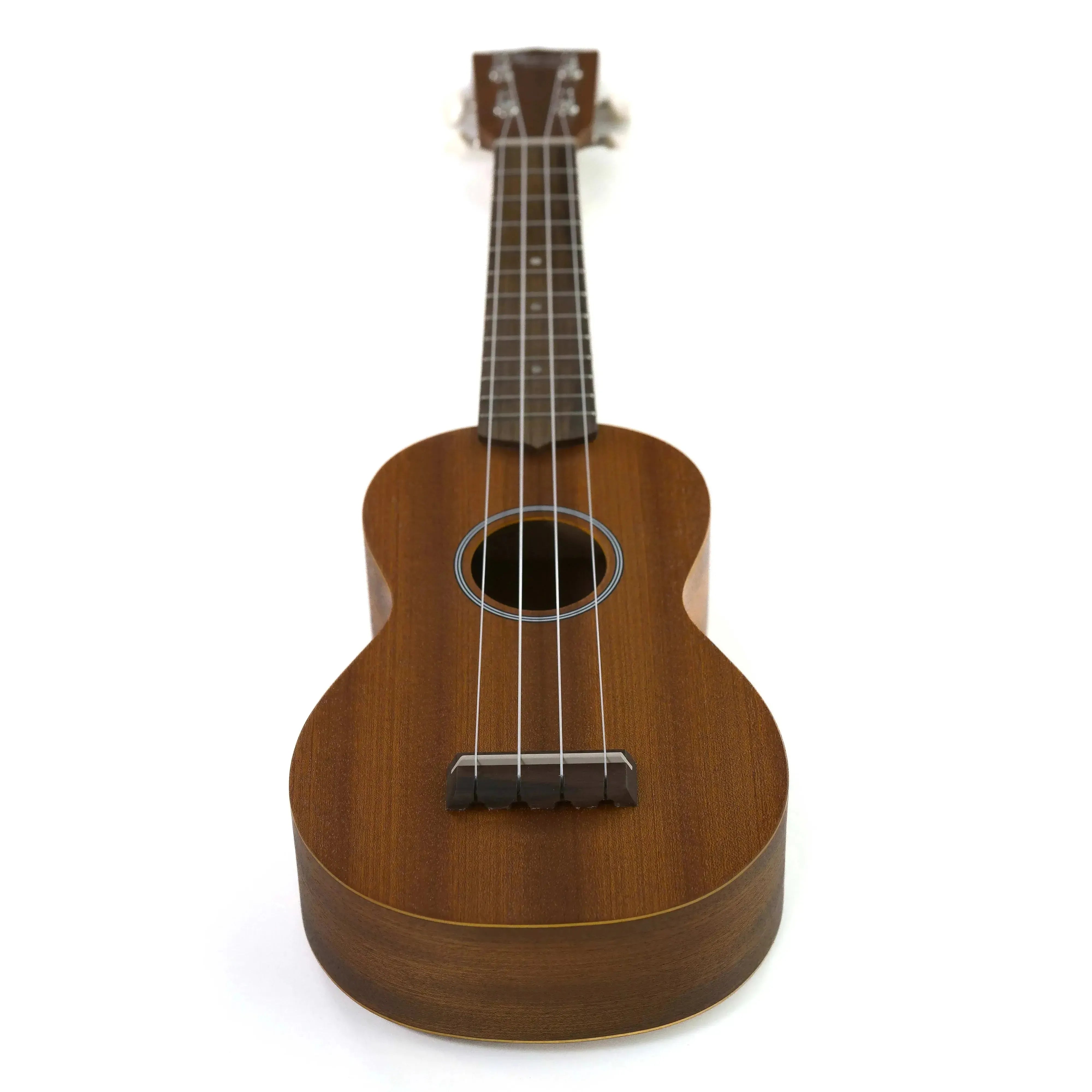 Ohana SK-10 mahogany soprano ukulele with satin finish, black binding, and white strings.