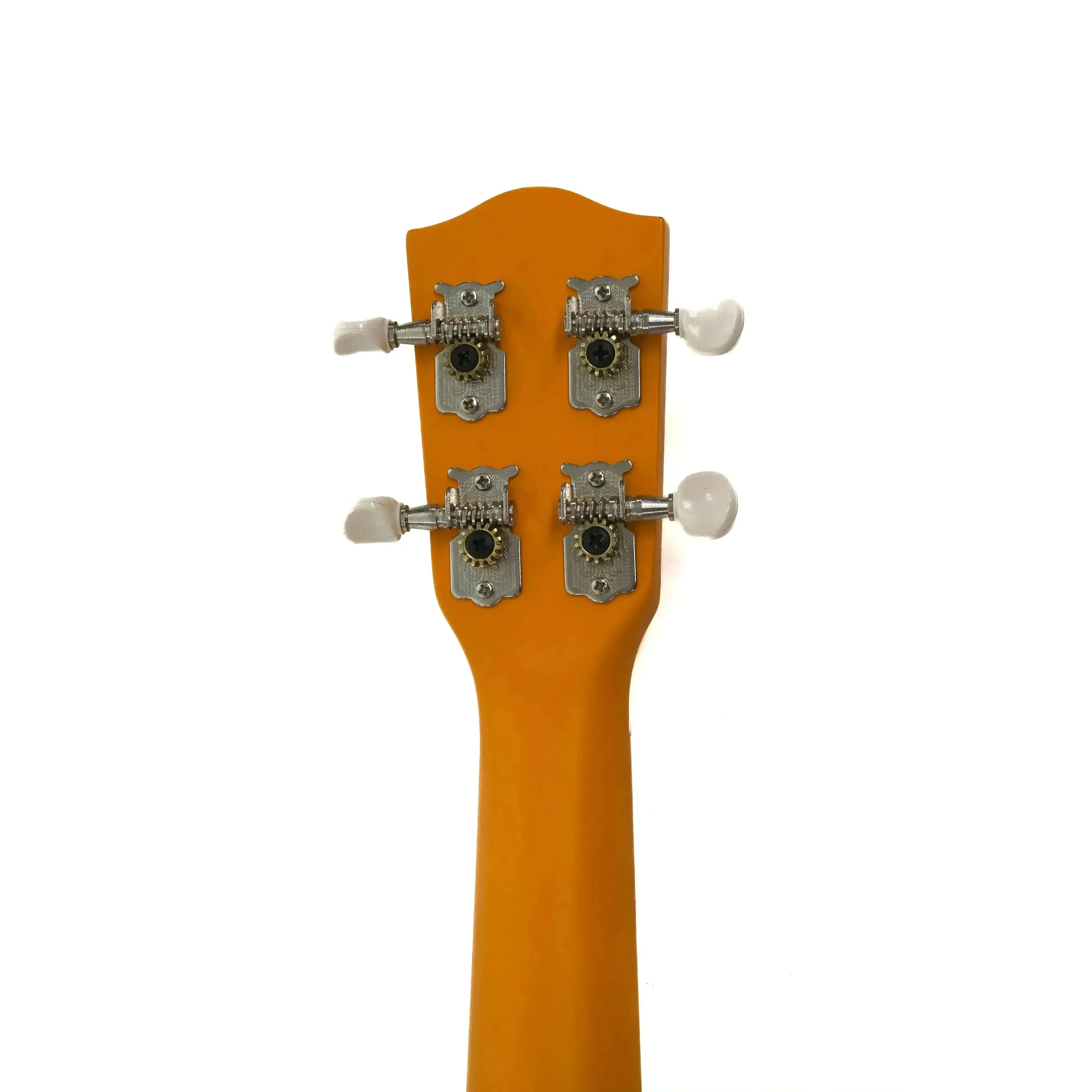 Ohana SK-10-OR orange mahogany soprano ukulele headstock with four white open-geared tuners.