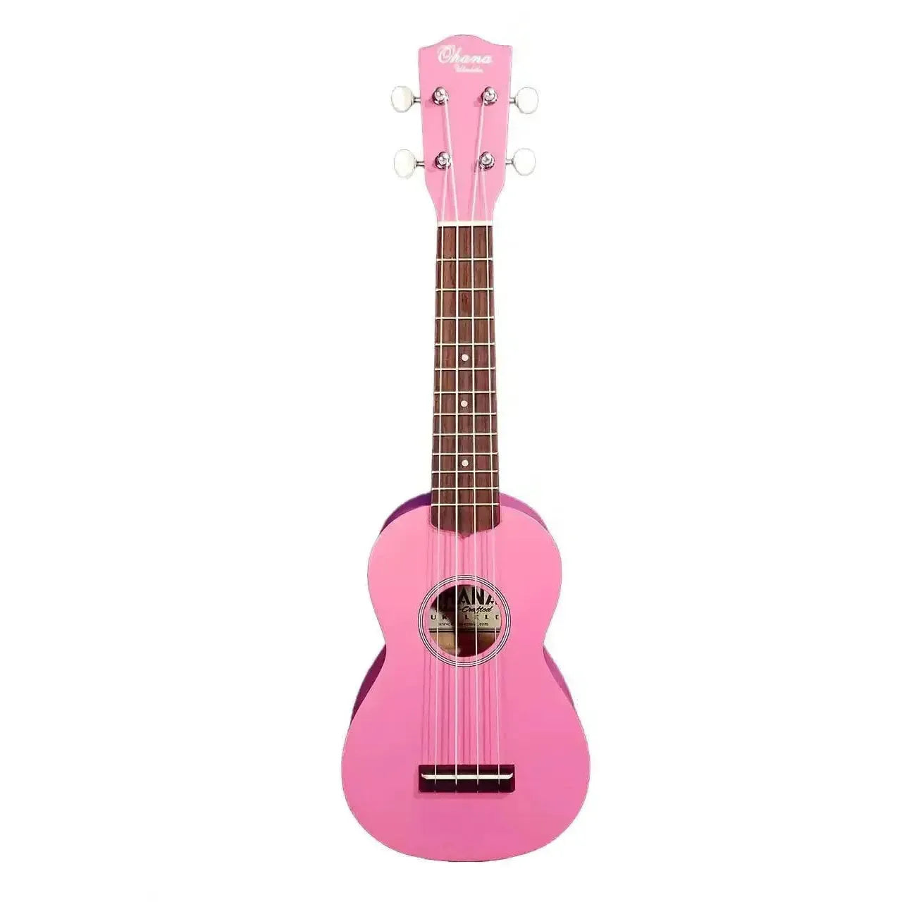 Ohana SK-10-PK pink mahogany soprano ukulele with black and white rosette and pearloid dot inlays.