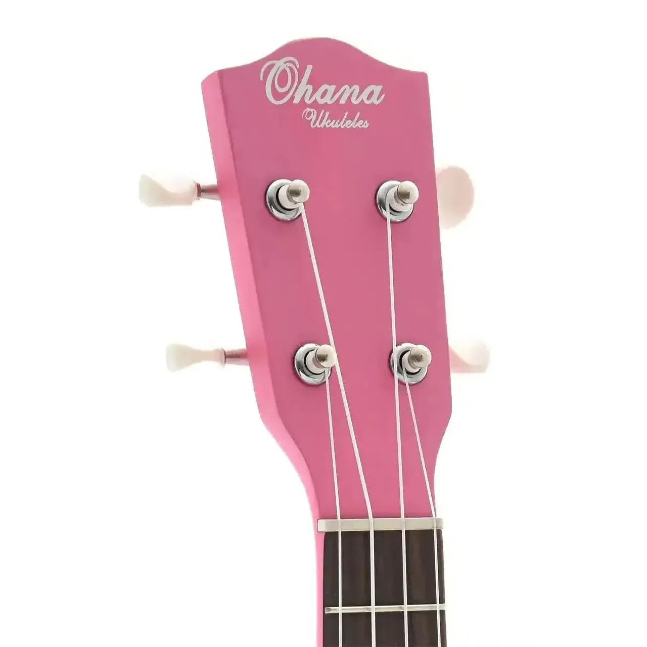 Ohana SK-10-PK pink mahogany soprano ukulele headstock with white tuners and logo.