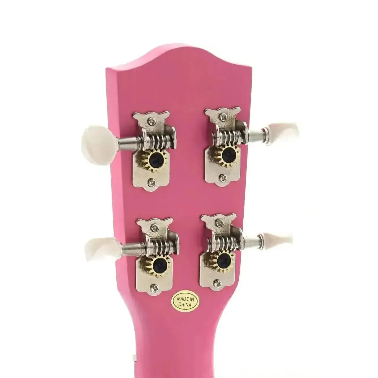Back of Ohana SK-10-PK pink mahogany soprano ukulele headstock with four open-geared tuners.