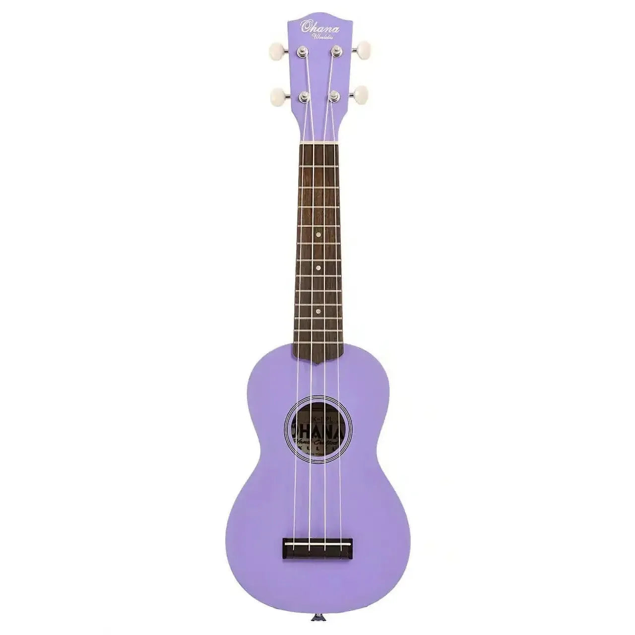 Ohana SK-10-PL purple mahogany soprano ukulele with white tuning pegs and dark fretboard.