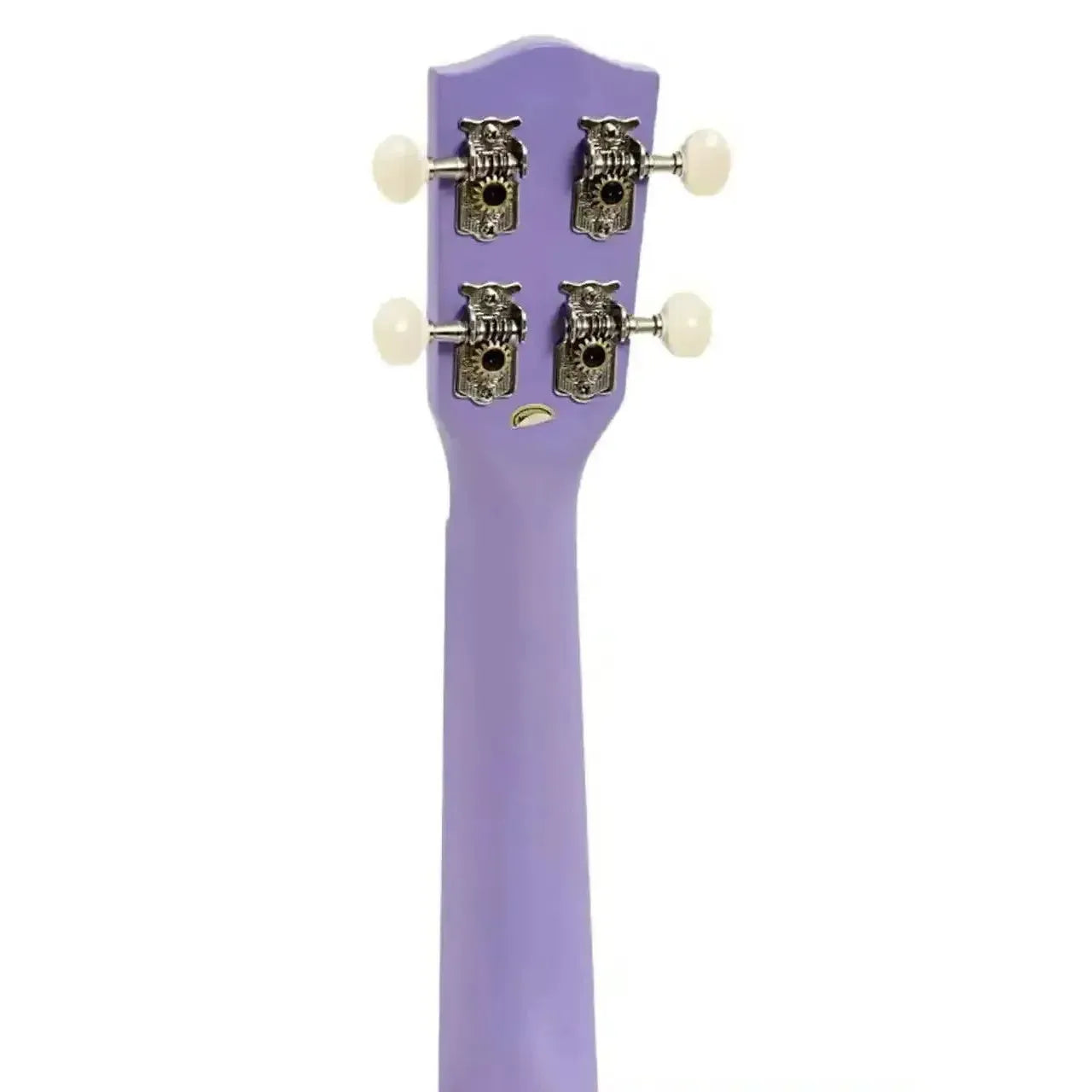 Ohana SK-10-PL purple mahogany soprano ukulele headstock and neck with open-geared tuners.