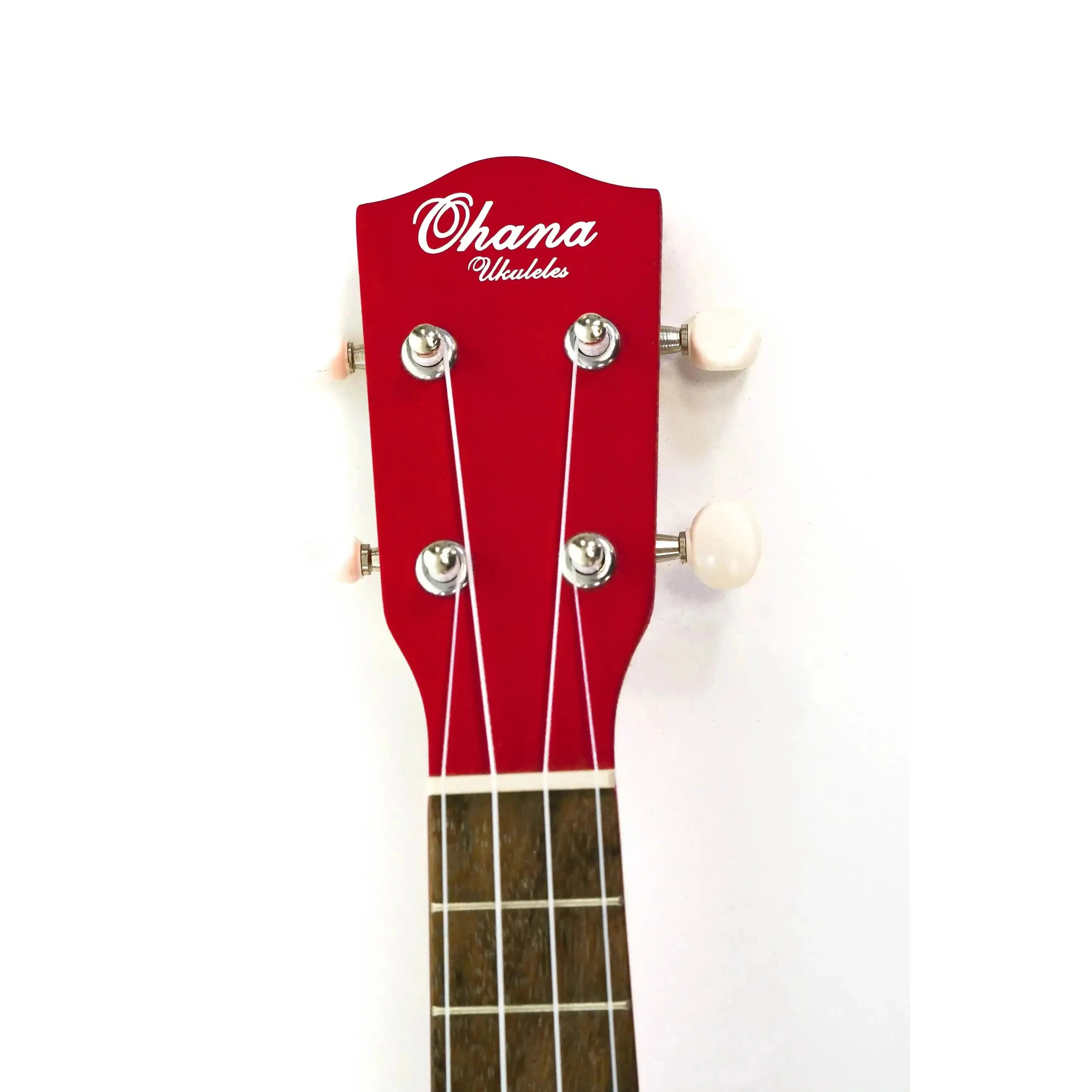 Ohana SK-10-RD soprano ukulele headstock in cherry red mahogany with white logo and tuners.