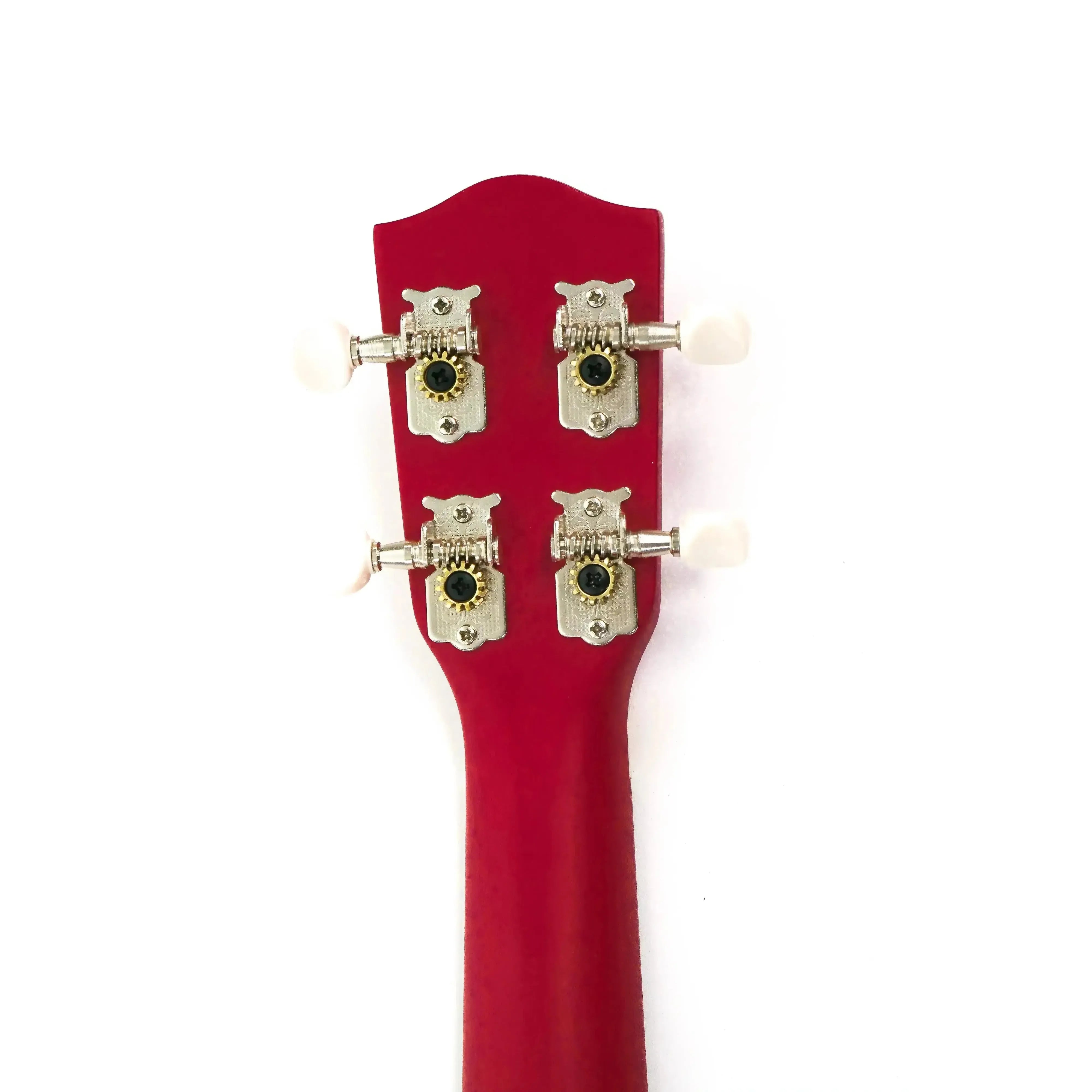 Back of Ohana SK-10-RD soprano ukulele headstock and neck in cherry red mahogany with open-geared tuners.