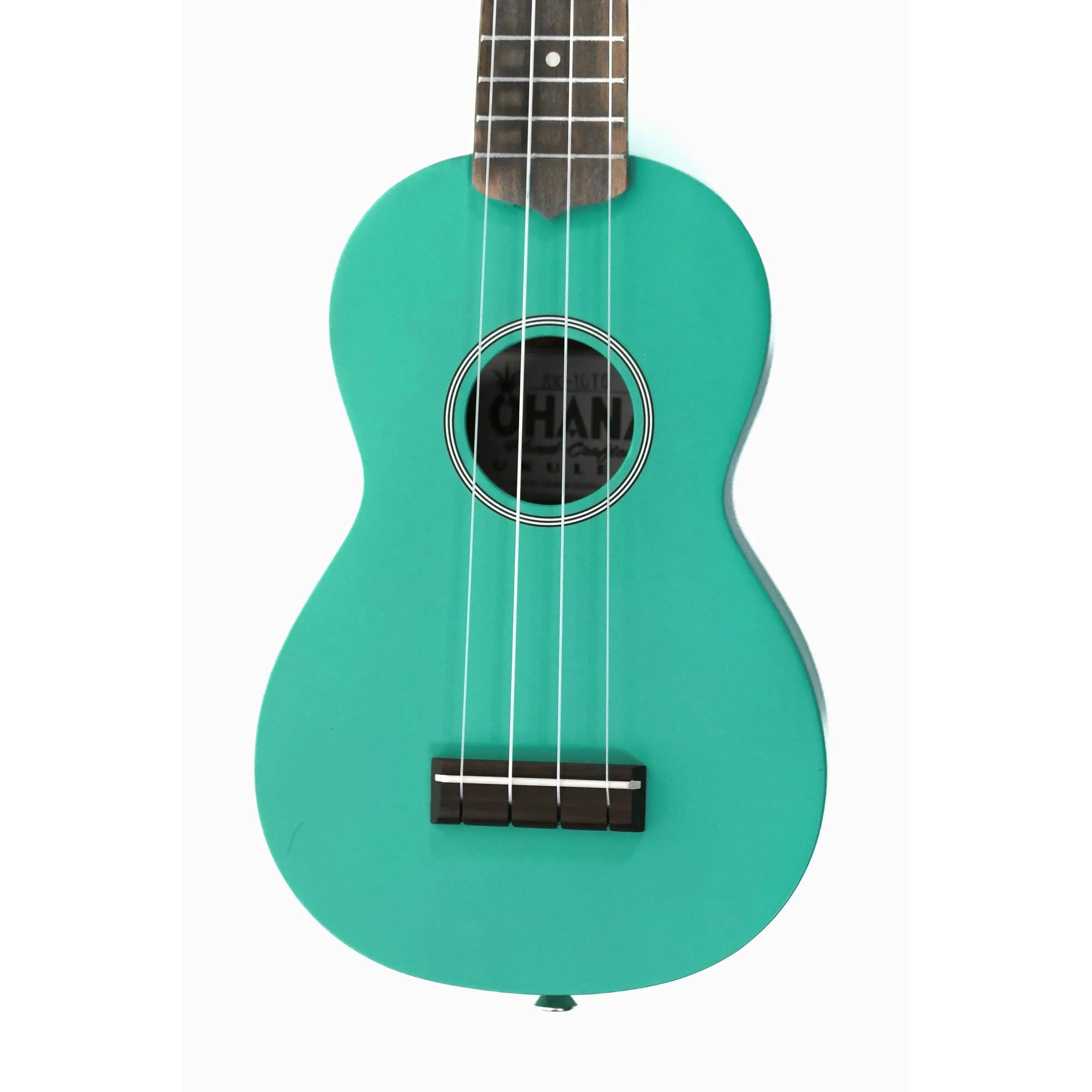 Ohana SK-10-TQ turquoise mahogany soprano ukulele with sound-hole rosette and pearloid dot inlays.