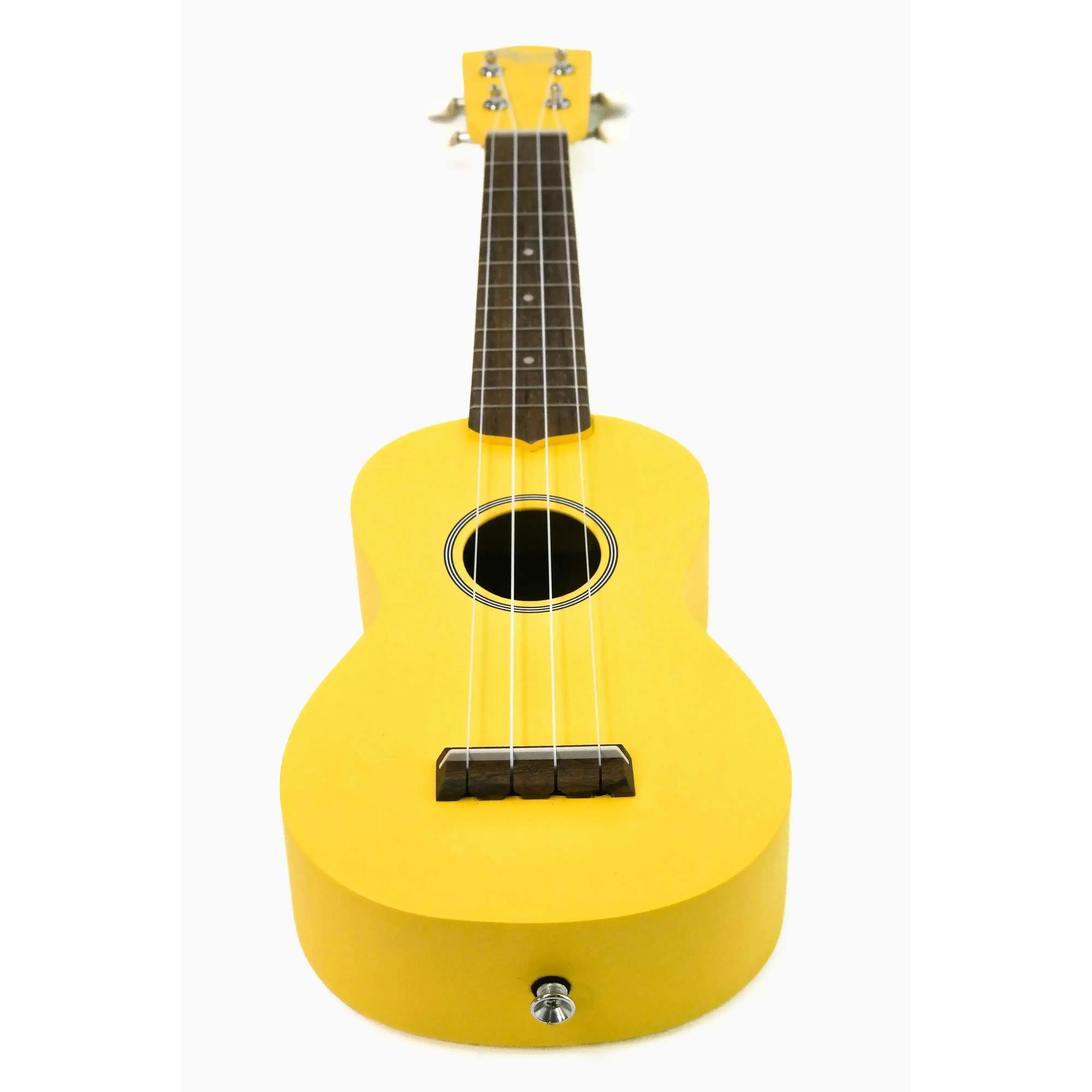 Ohana SK-10-YL Yellow Mahogany Soprano Ukulele with black/white rosette and pearloid dot inlays.