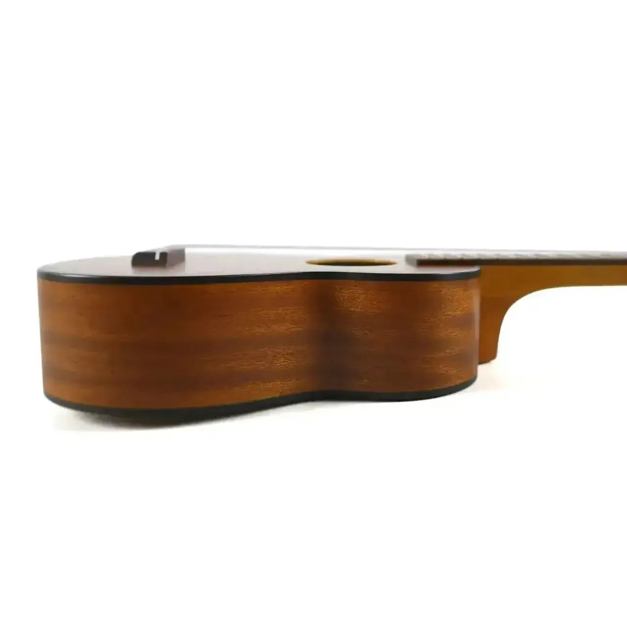 Ohana SK-14 mahogany soprano ukulele body, showing its warm brown wood grain and satin finish.