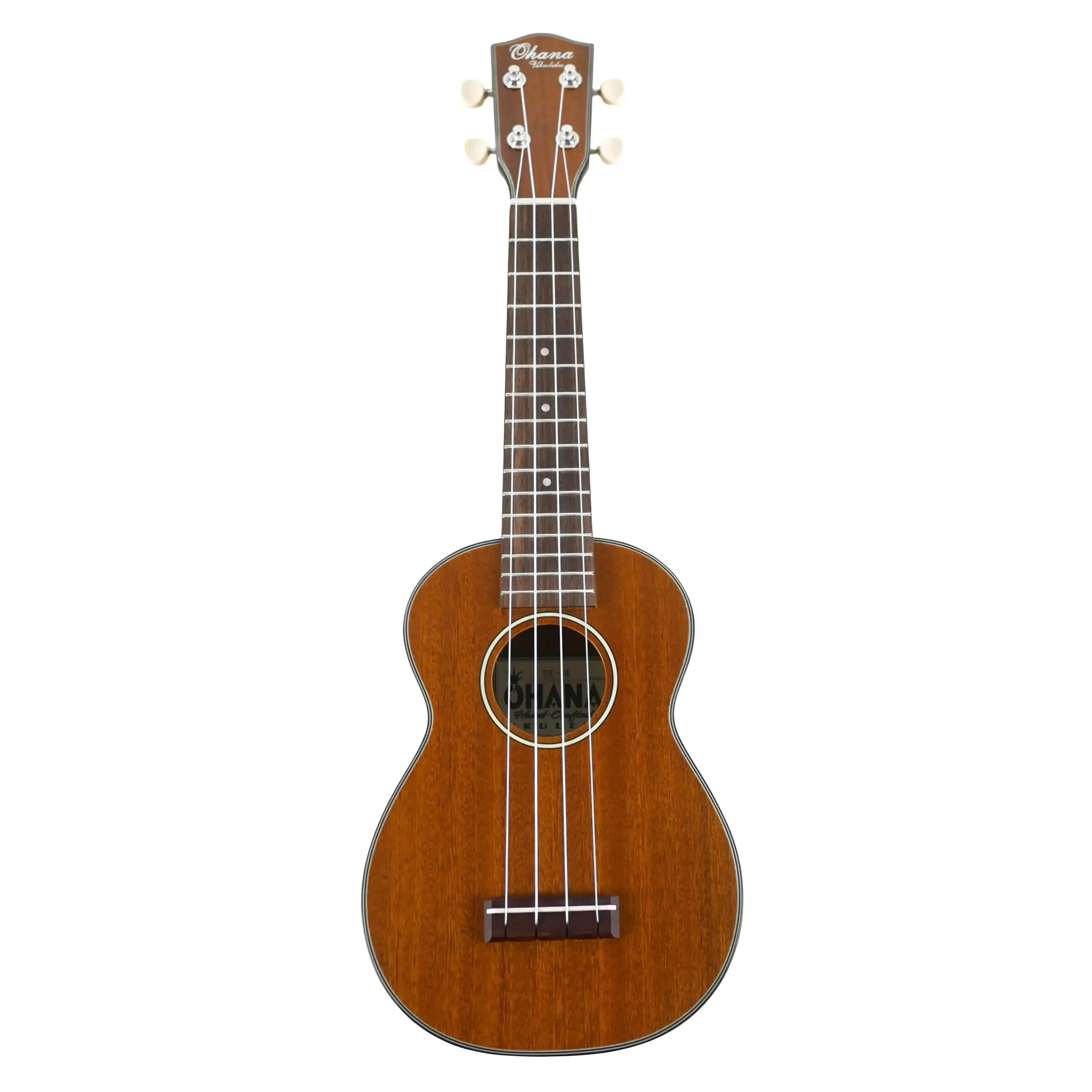 Ohana SK-14 Mahogany Soprano Ukulele with satin finish, black and white rosette, and open-slotted headstock.