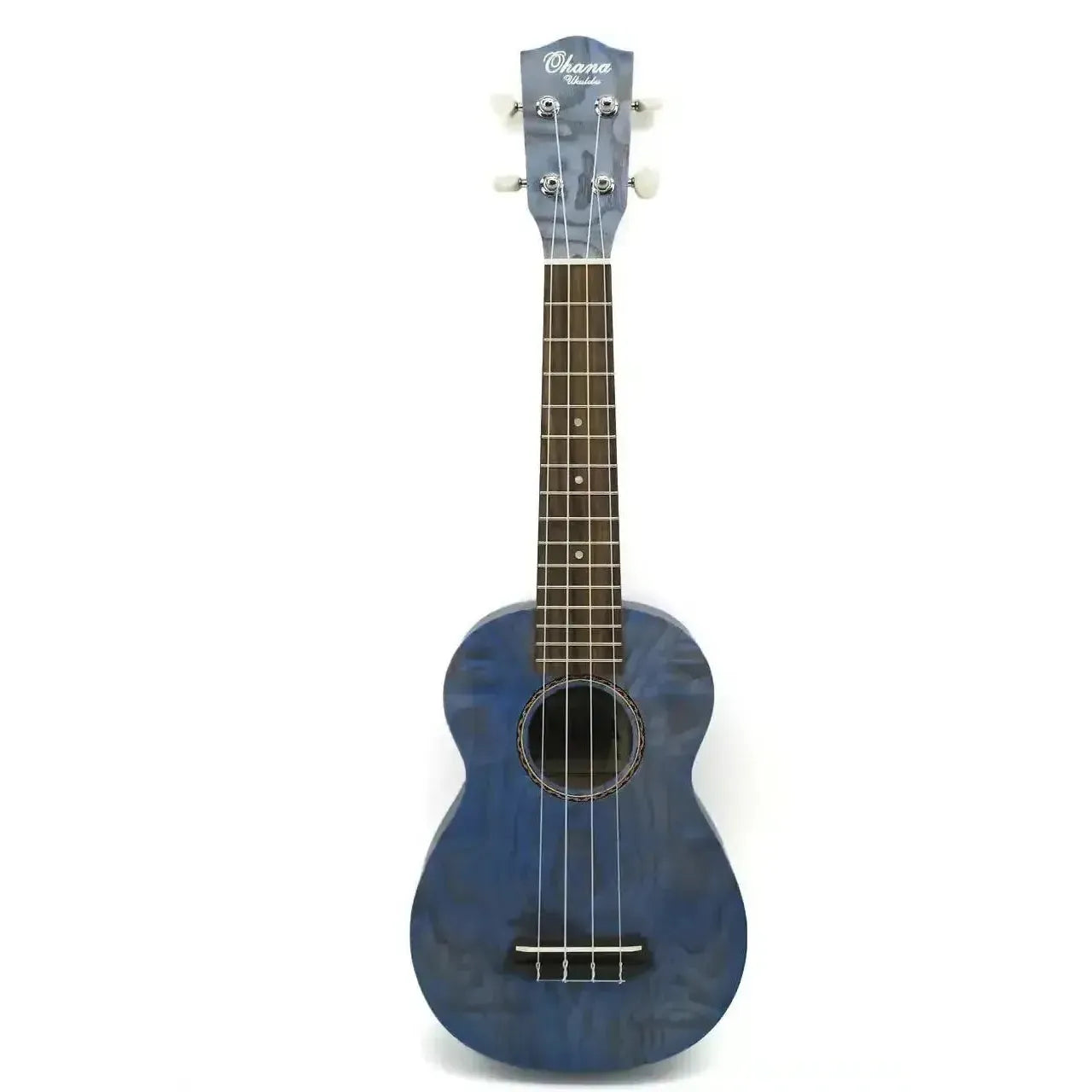 Ohana SK-15W-BL Blue Willow Soprano Ukulele with satin finish, mahogany neck, and ribbon soundhole rosette.