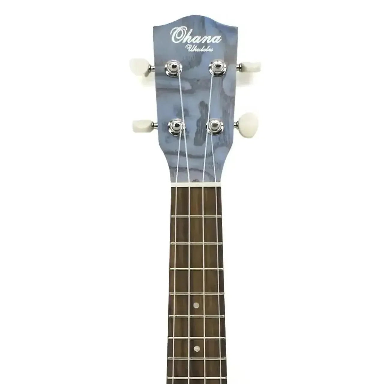 Ohana SK-15W-BL Blue Willow Soprano Ukulele headstock with Grover tuners and dark fretboard.
