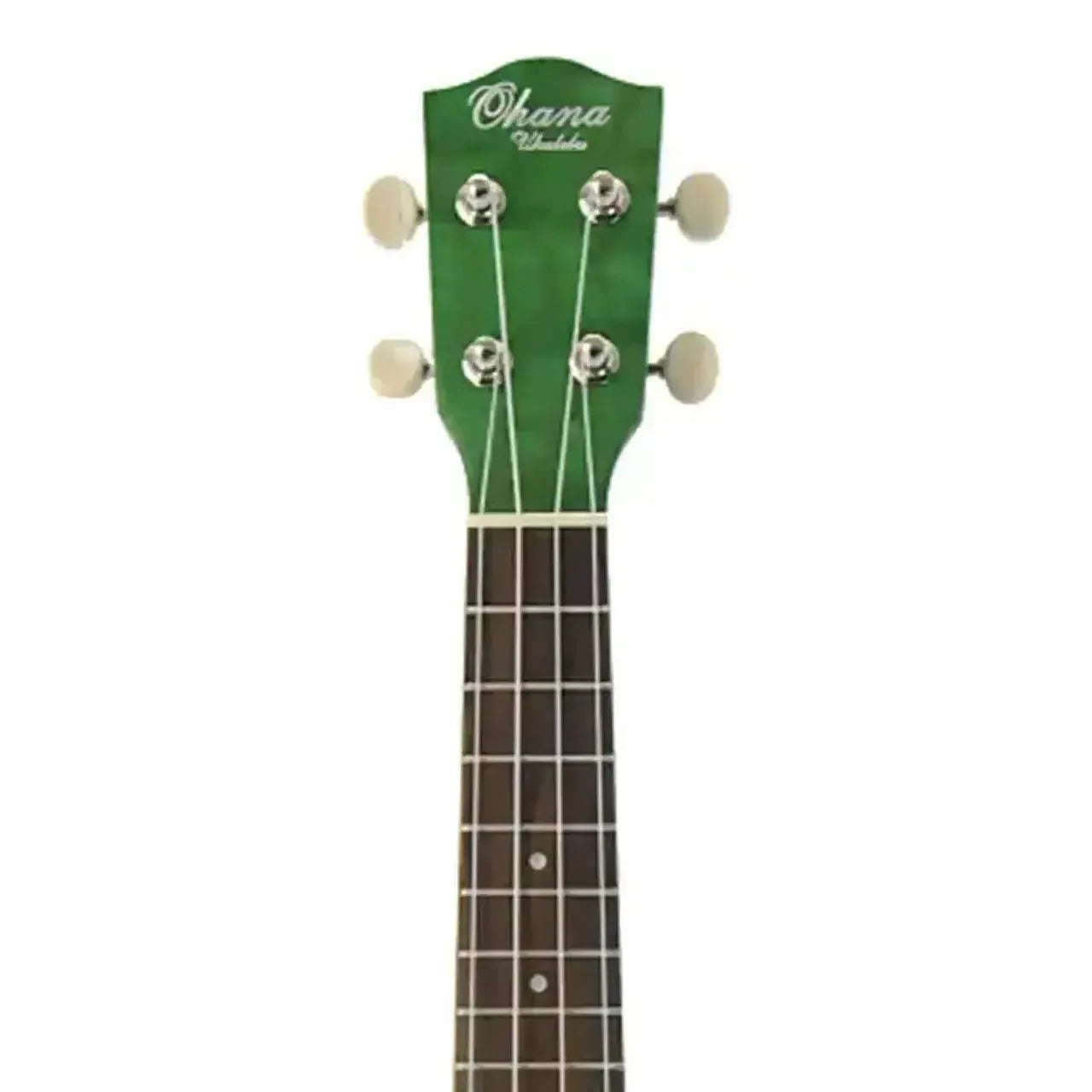 Ohana SK-15W-GN Green Willow Soprano Ukulele headstock with white tuners and fretboard.
