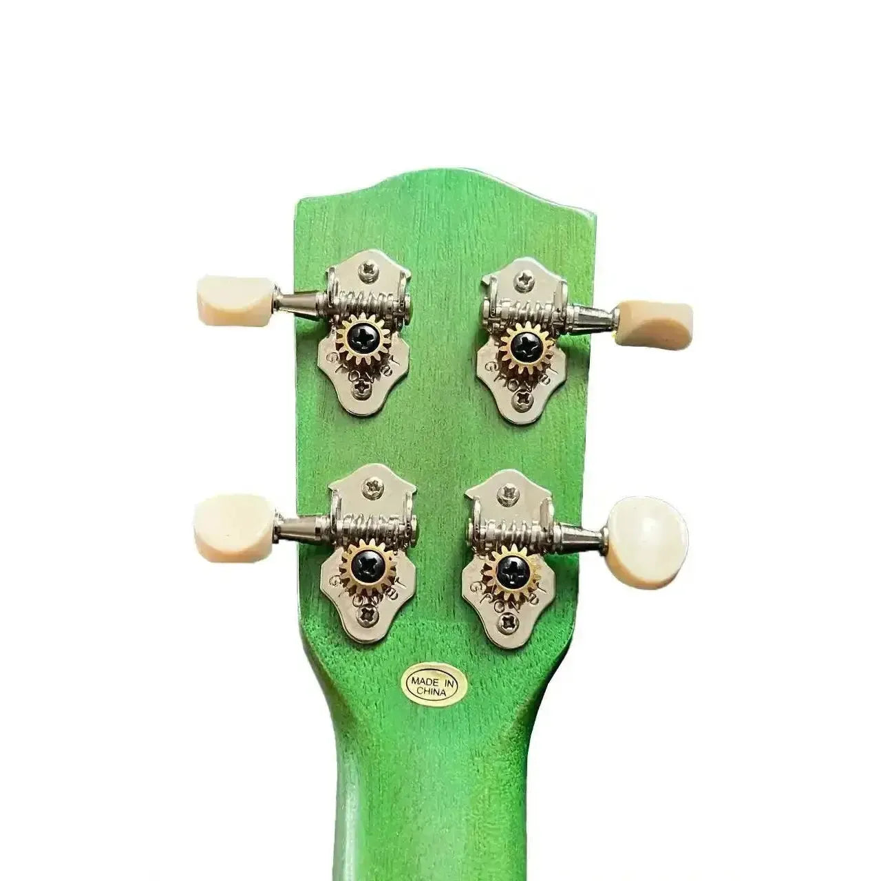 Back of Ohana SK-15W-GN Green Willow Soprano Ukulele headstock with Grover open-geared tuners.