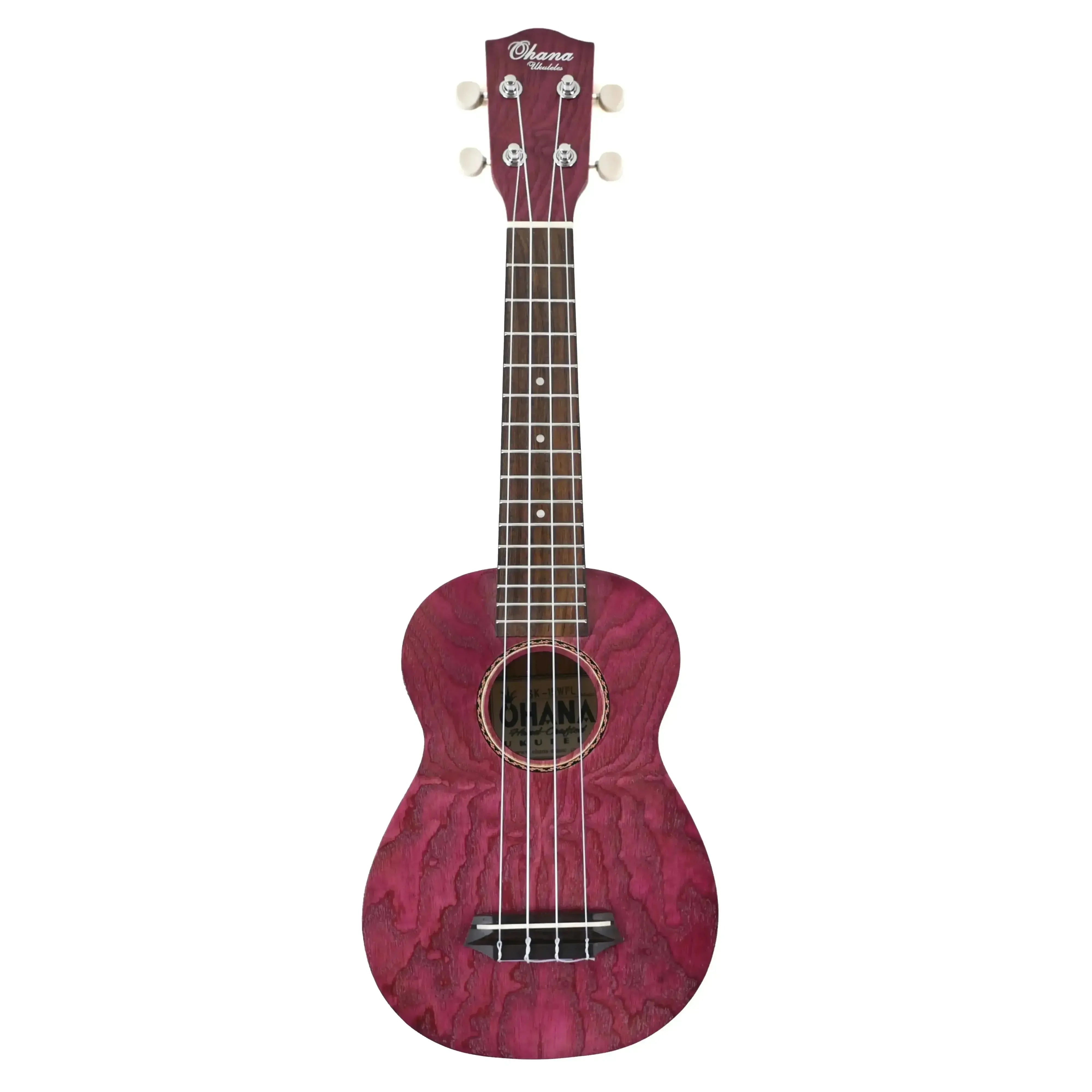 Ohana SK-15W-PL Purple Willow Soprano Ukulele with black binding and ribbon rosette.