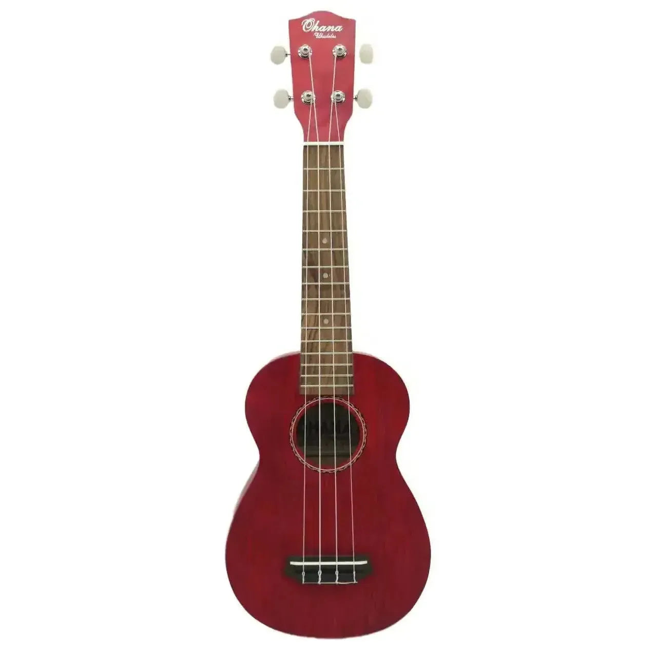 Ohana SK-15W-RD Red Willow Soprano Ukulele with a striking red finish and ribbon-style rosette.