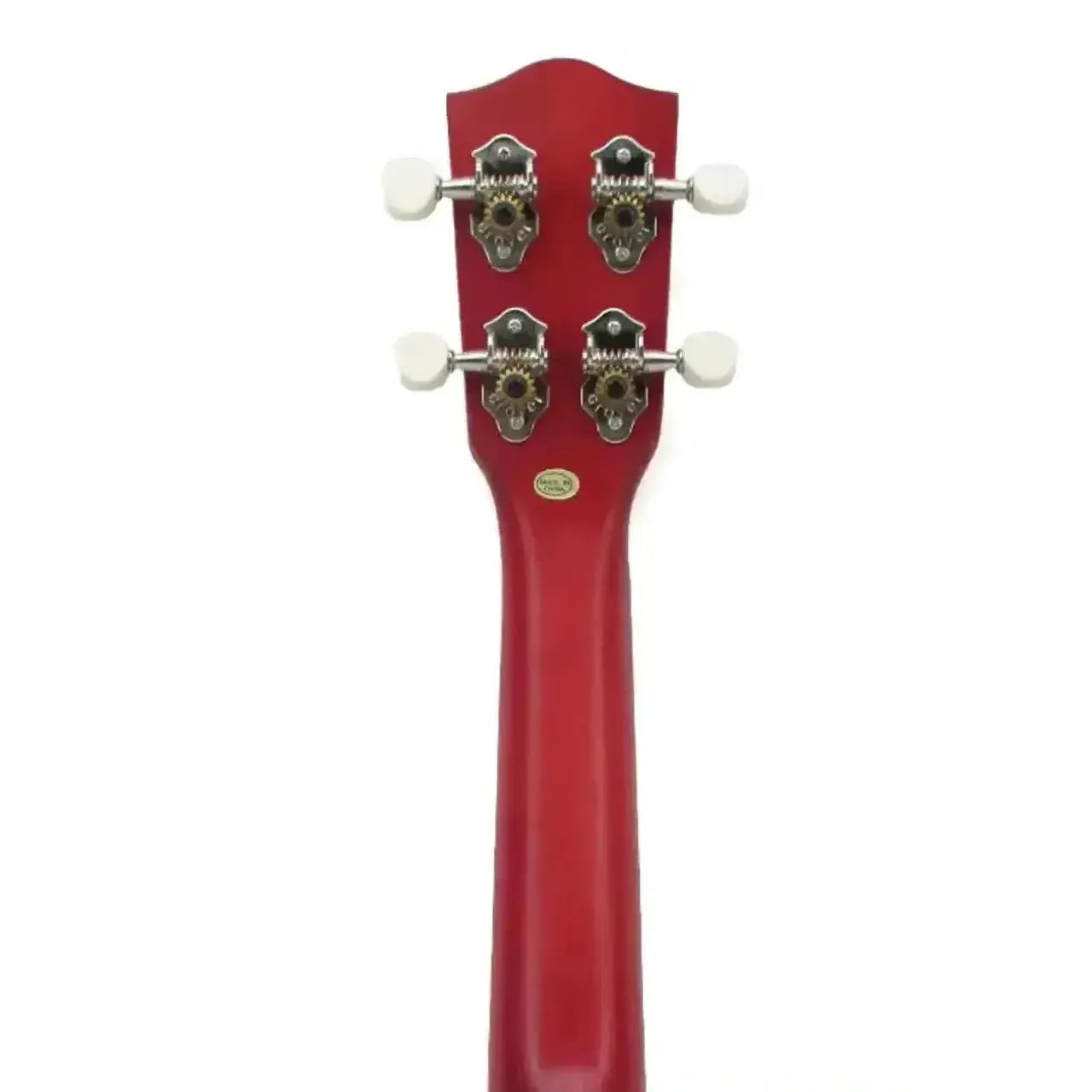 Back of a red Ohana SK-15W-RD Soprano Ukulele headstock and neck with four white open-geared tuners.