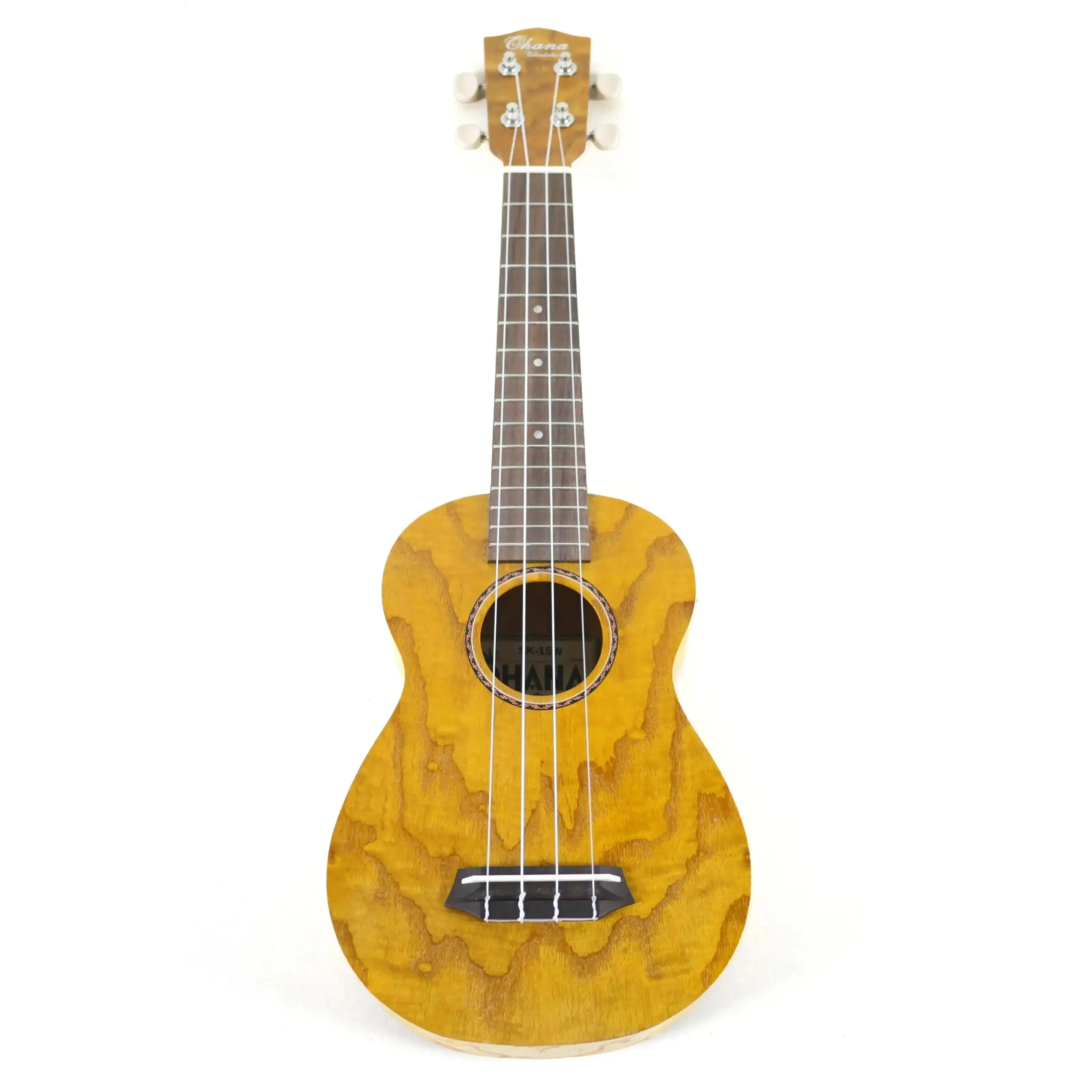 Ohana SK-15W Willow Soprano Ukulele with a natural wood grain finish, satin sheen, and ribbon rosette.