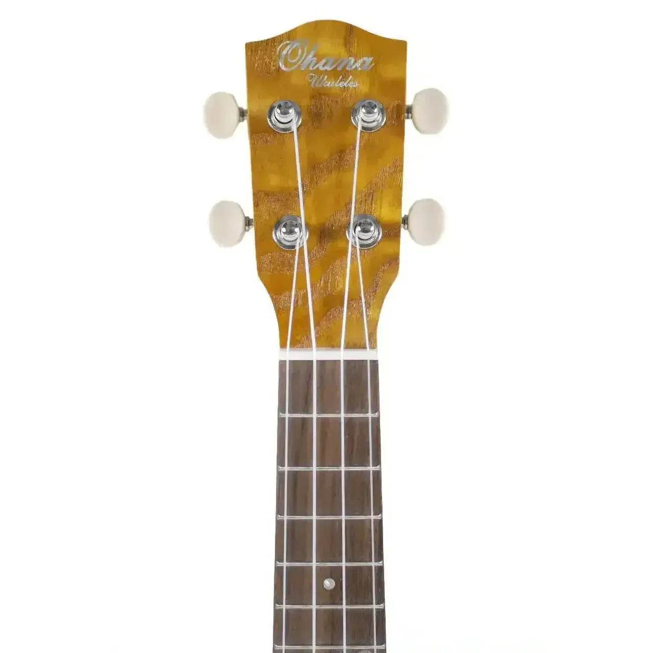 Ohana SK-15W Willow Soprano Ukulele headstock with Grover tuners and "Ohana Ukuleles" logo.