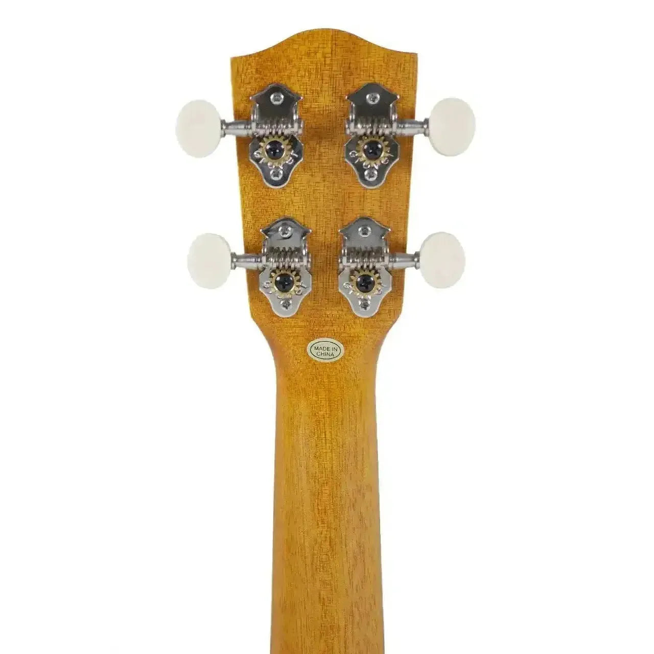 Ohana SK-15W Willow Soprano Ukulele headstock with Grover open-geared tuners and "Made in China" sticker.
