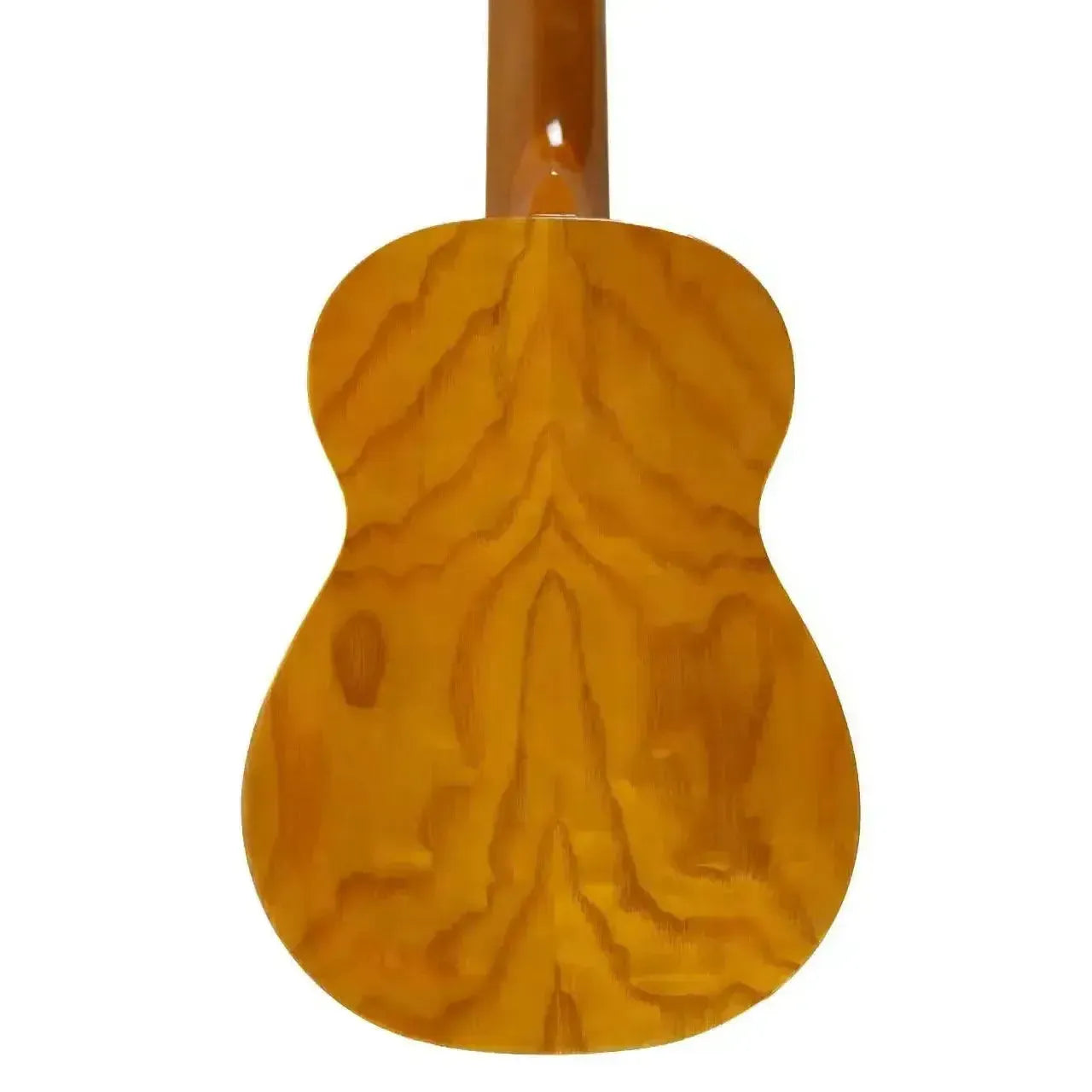 Back of an Ohana SK-15WG Gloss Willow Soprano Ukulele, showcasing its natural wood grain.