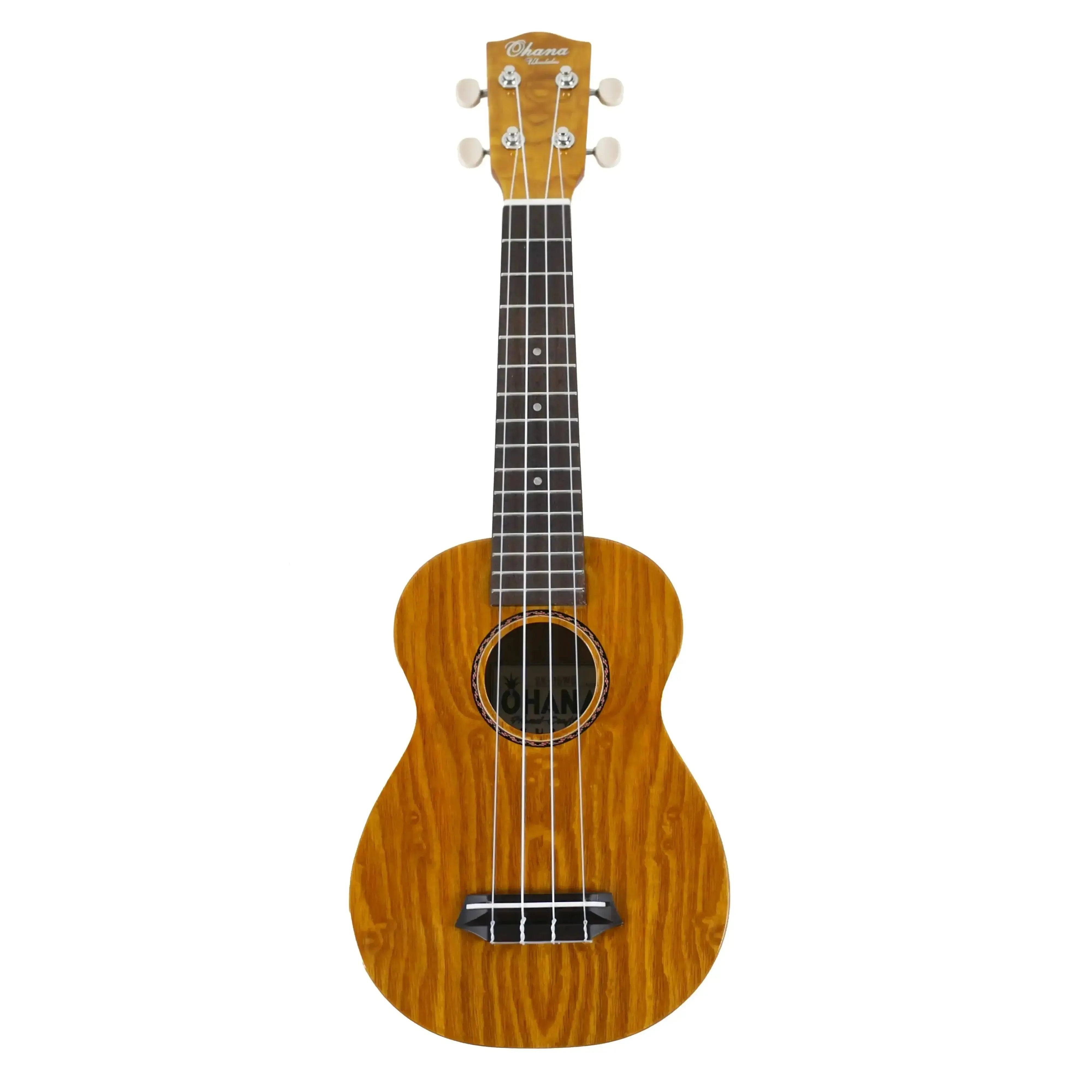 Ohana SK-15WG Gloss Willow Soprano Ukulele with natural wood grain and white tuners.