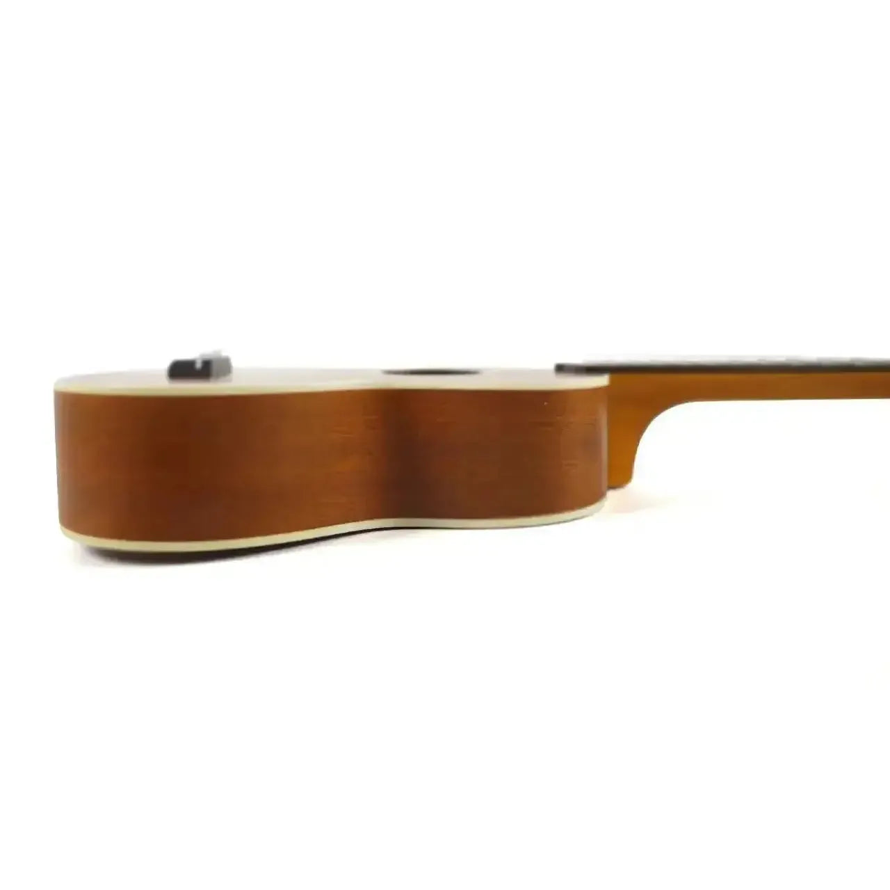 Ohana SK-20 Soprano Ukulele, side view showing the solid mahogany body with cream binding.