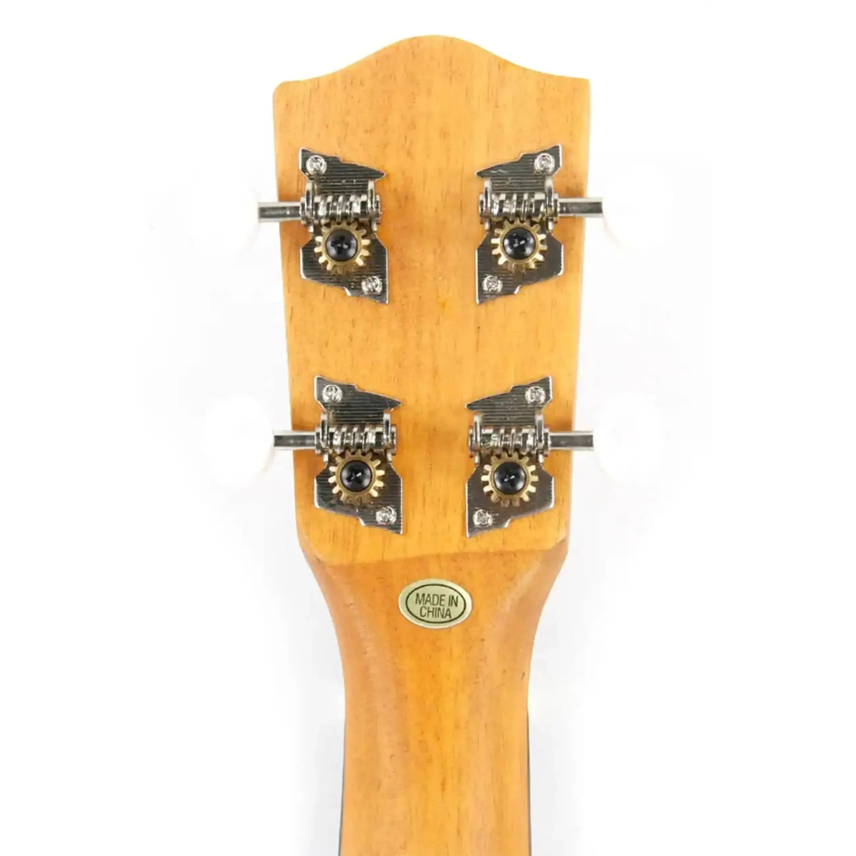 Back of Ohana SK-22 Soprano Ukulele headstock with Grover chrome open-gear tuners and "Made in China" sticker.