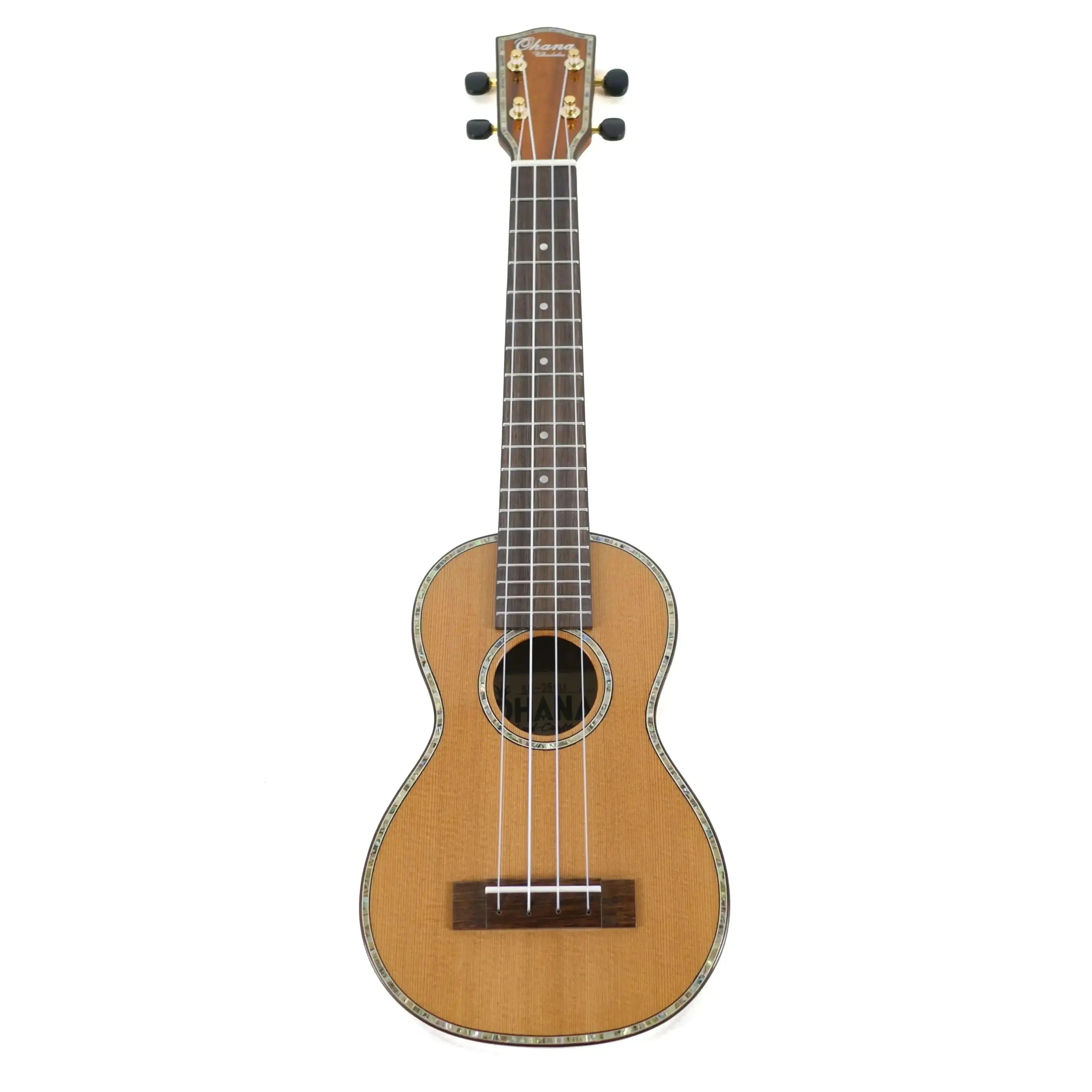 Ohana SK-250M Longneck Soprano Ukulele with solid cedar top, acacia back, abalone inlay, and gloss finish.