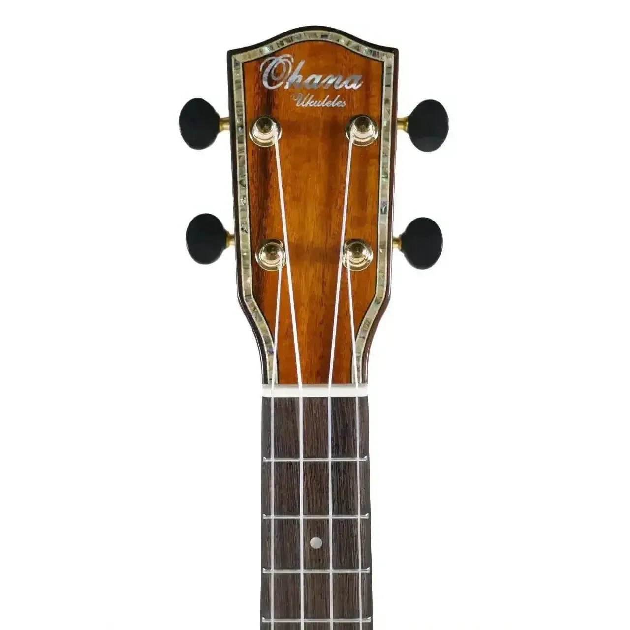 Ohana SK-250M Longneck Soprano Ukulele headstock with abalone inlay, gloss finish, and Grover tuners.