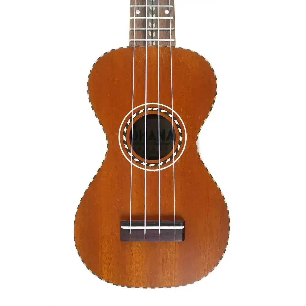 Ohana SK-28 Vintage Line Soprano Ukulele, solid mahogany body, rope binding, classic chevron inlay.