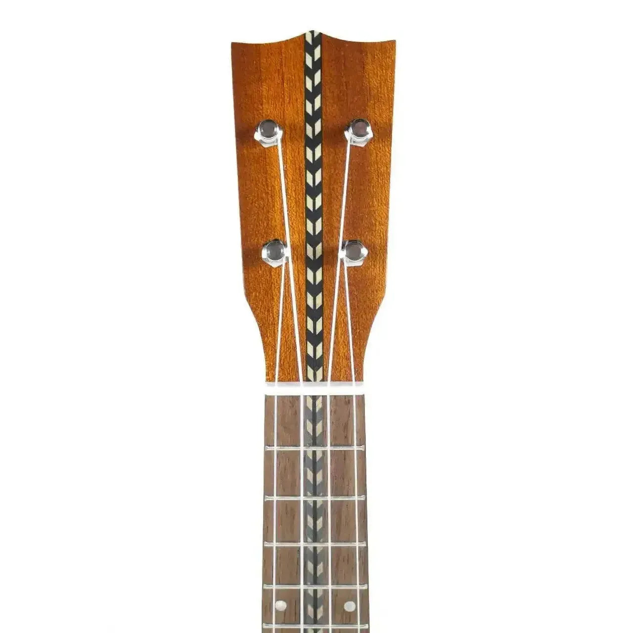 Ohana SK-28 Vintage Line Soprano Ukulele headstock with chevron inlay, Gotoh tuners, and pearloid fret markers.